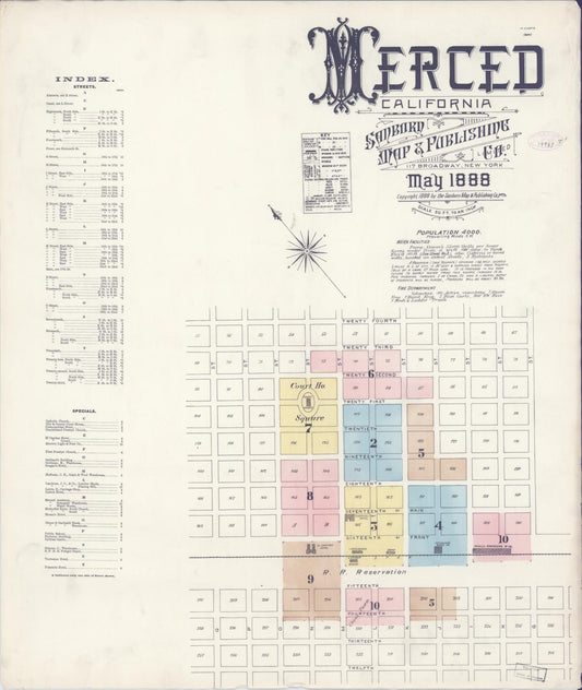 Sanborn Fire Insurance Map from Merced, Merced County, California (1888), Sheet #0001 - Historic Sanborn Fire Insurance Map Print, vintage old map wall art, antique decor, genealogy gift, California California map