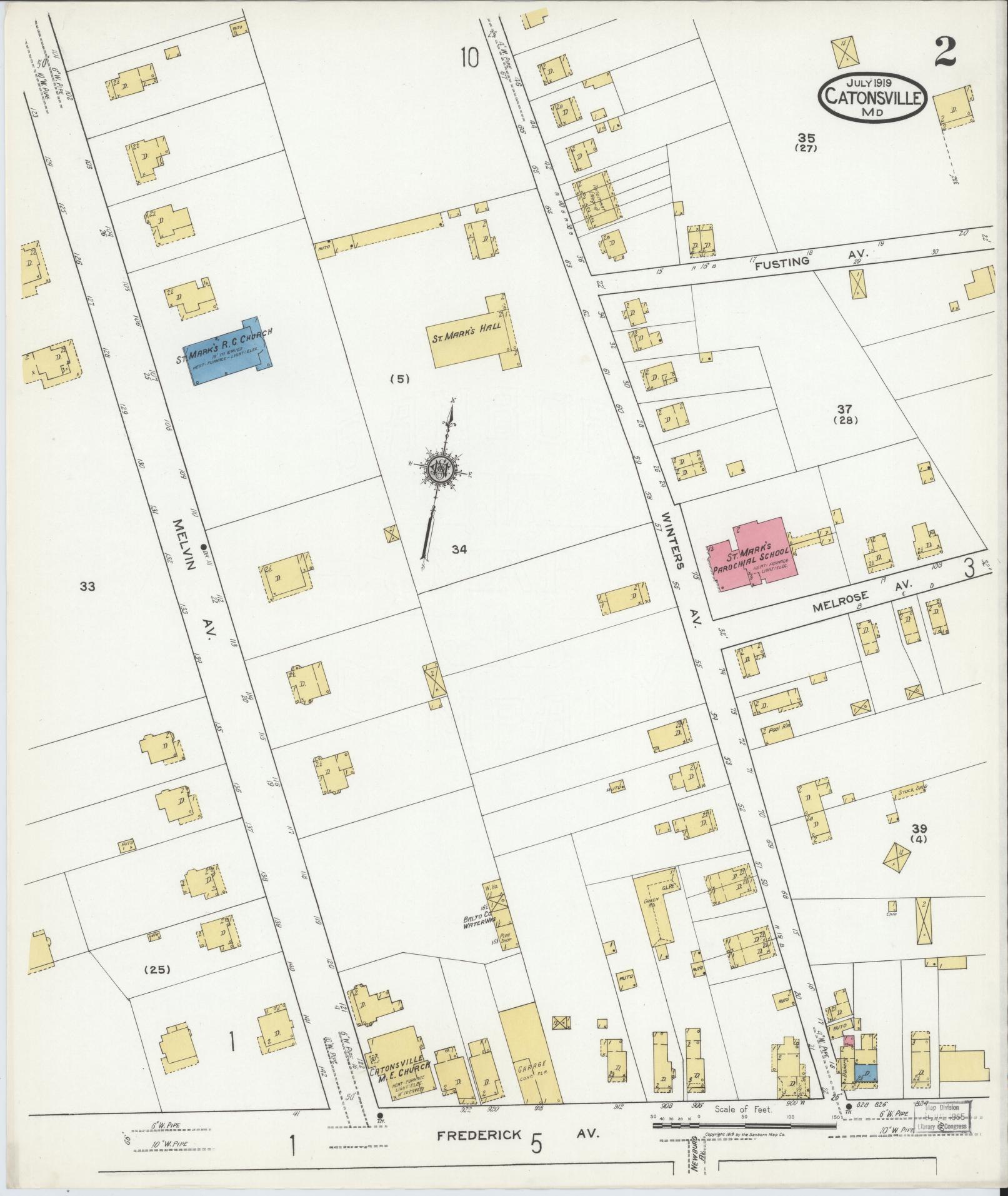 Sanborn Fire Insurance Map from Catonsville, Baltimore County, Maryland (1919), Sheet #0002 - Complete Map Set gallery image, historic Sanborn map, vintage wall art, Maryland Maryland