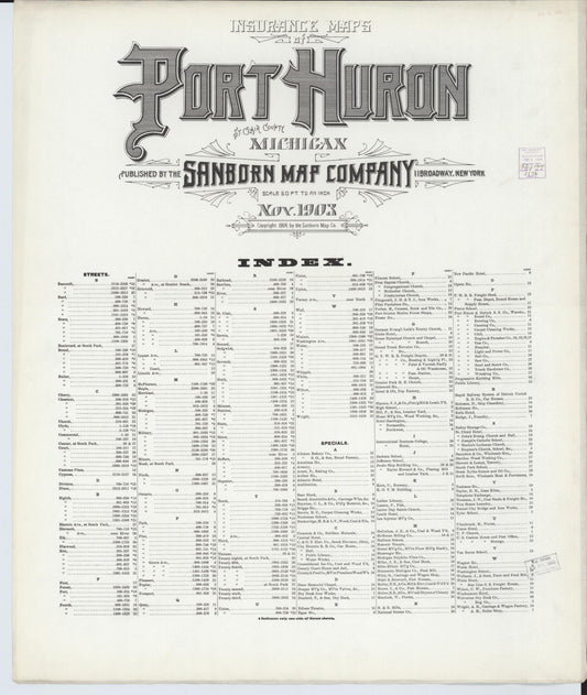 Sanborn Fire Insurance Map from Port Huron, Saint Clair County, Michigan (1903), Sheet #0001 - Historic Sanborn Fire Insurance Map Print, vintage old map wall art, antique decor, genealogy gift, Michigan Michigan map
