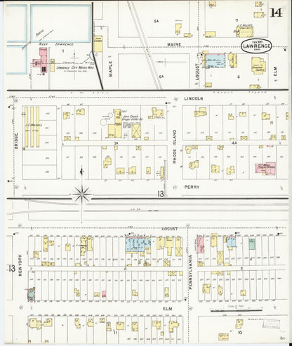 Sanborn Fire Insurance Map from Lawrence, Douglas County, Kansas (1897), Sheet #0014 - Complete Map Set gallery image, historic Sanborn map, vintage wall art, Kansas Kansas