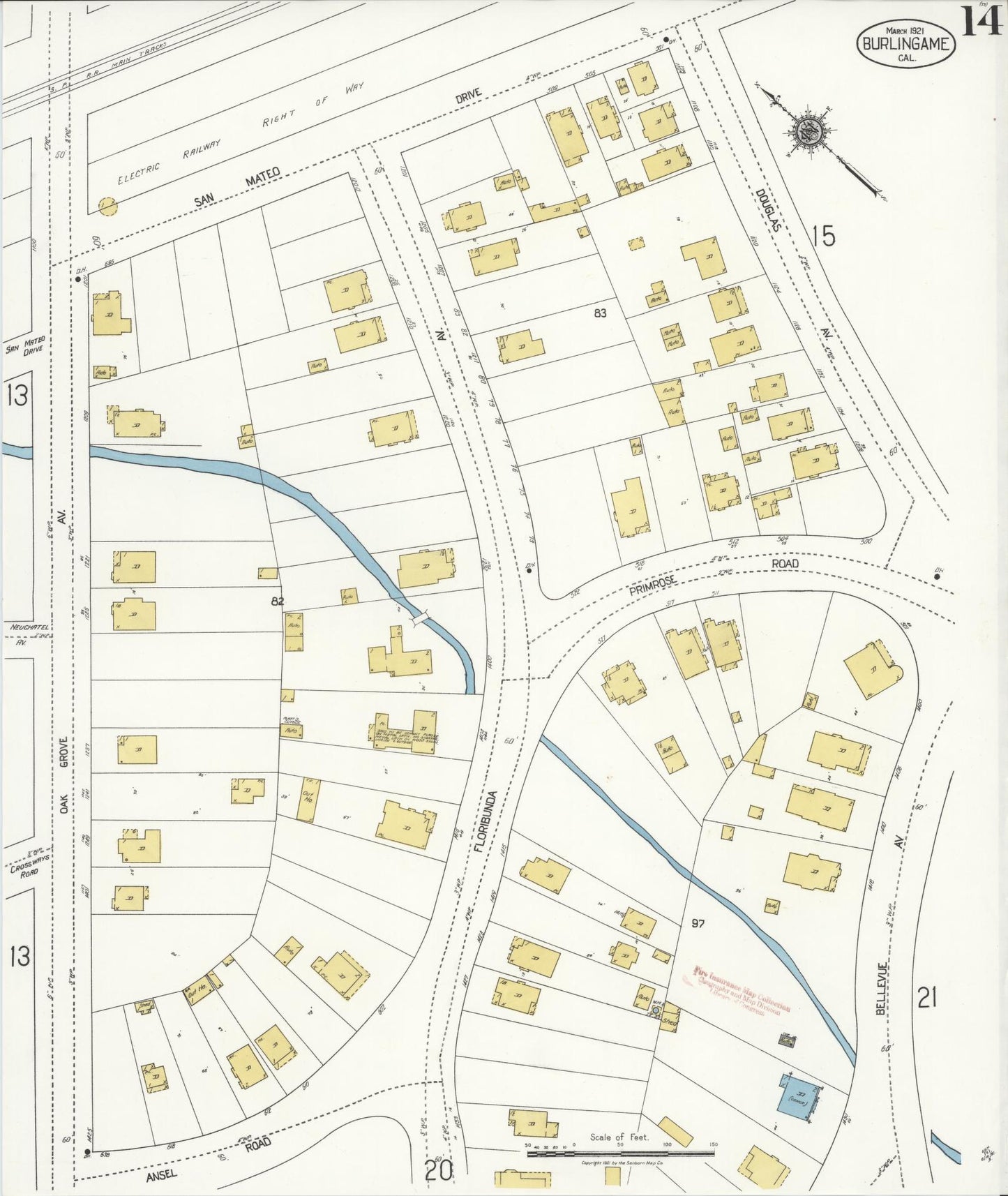 Sanborn Fire Insurance Map from Burlingame, San Mateo County, California (1921), Sheet #0014 - Complete Map Set gallery image, historic Sanborn map, vintage wall art, California California