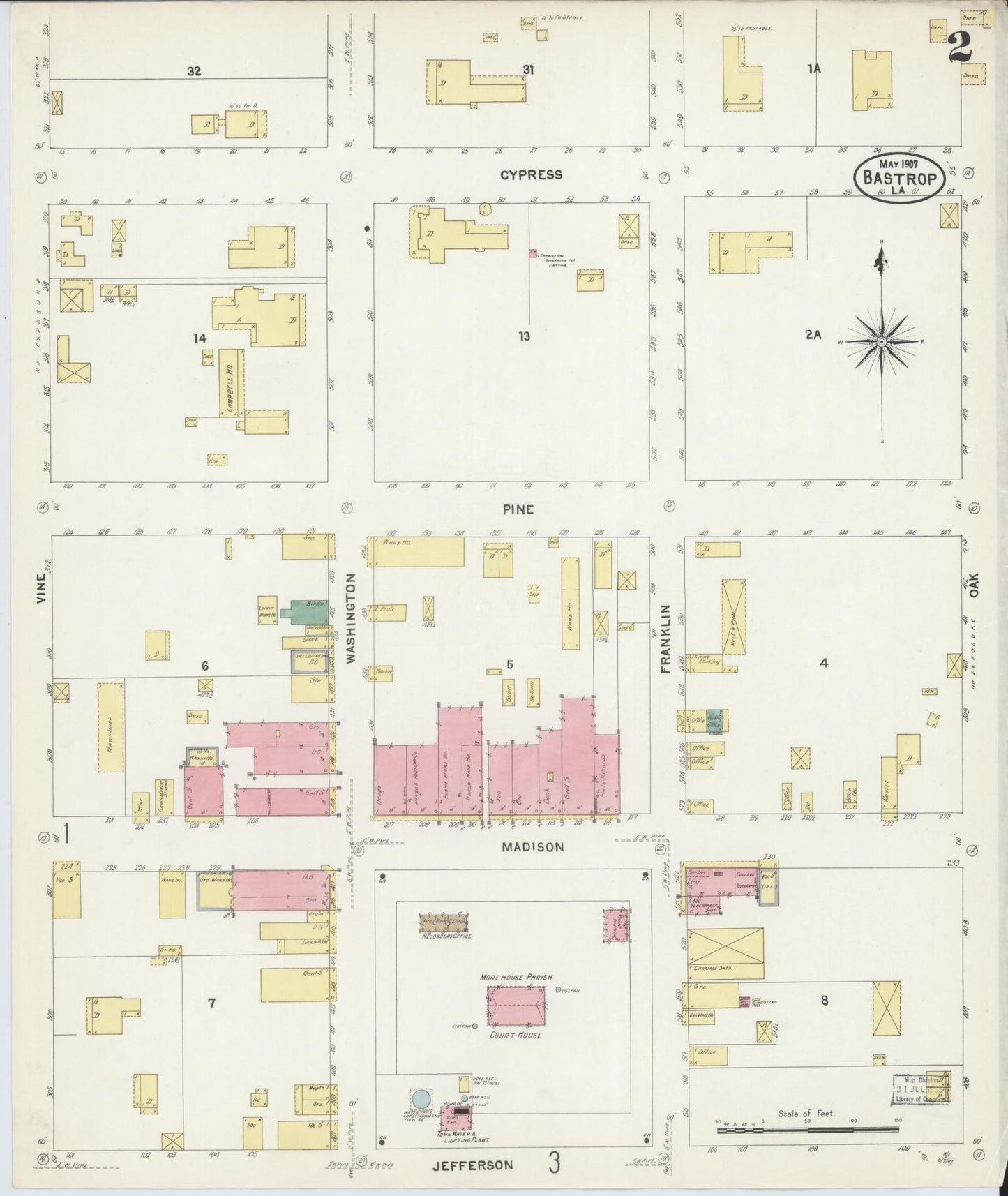 Sanborn Fire Insurance Map from Bastrop, Morehouse Parish, Louisiana (1907), Sheet #0002 - Complete Map Set gallery image, historic Sanborn map, vintage wall art, Louisiana Louisiana