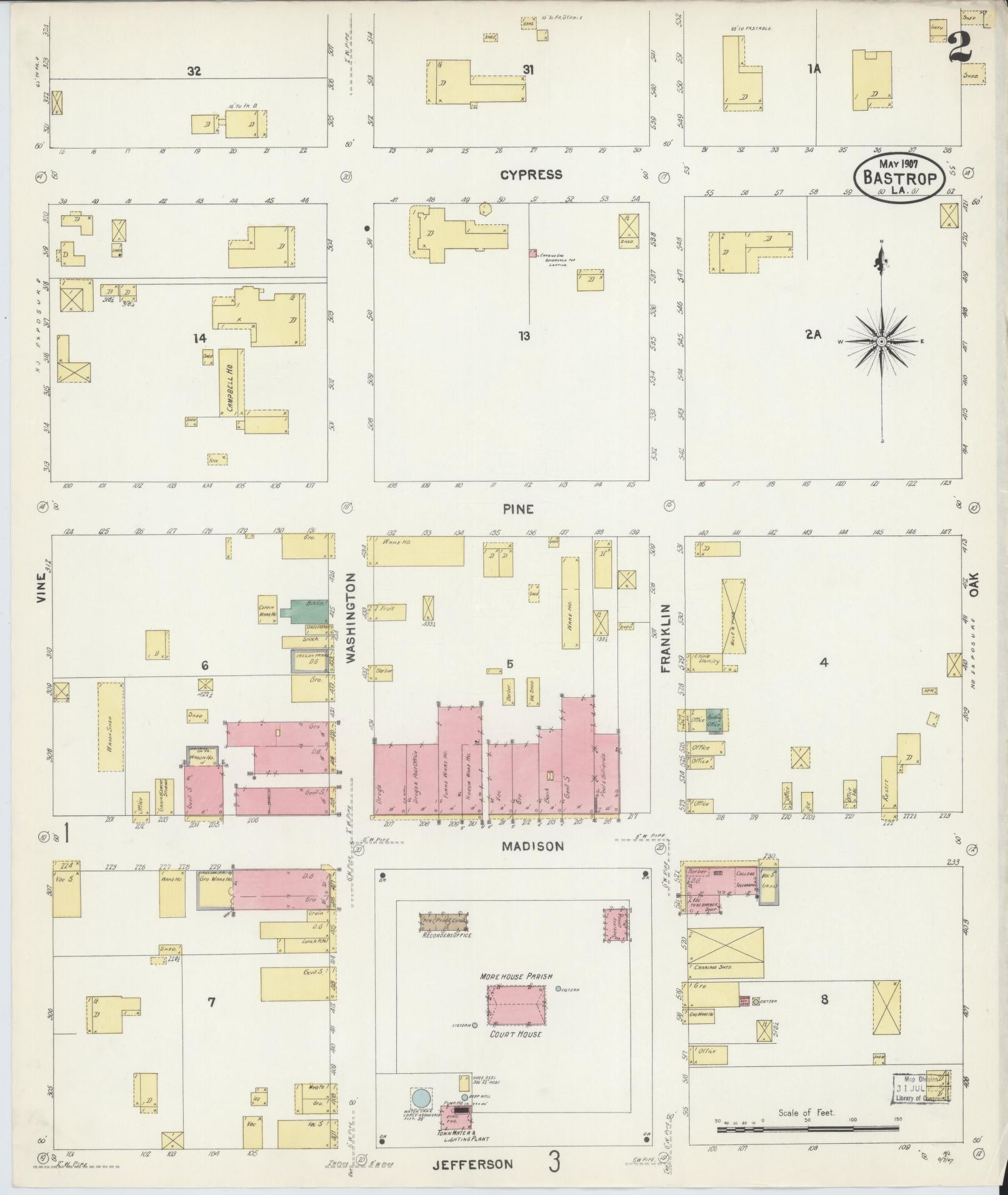 Sanborn Fire Insurance Map from Bastrop, Morehouse Parish, Louisiana (1907), Sheet #0002 - Complete Map Set gallery image, historic Sanborn map, vintage wall art, Louisiana Louisiana