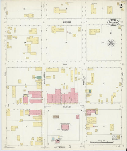 Sanborn Fire Insurance Map from Bastrop, Morehouse Parish, Louisiana (1907), Sheet #0002 - Complete Map Set gallery image, historic Sanborn map, vintage wall art, Louisiana Louisiana