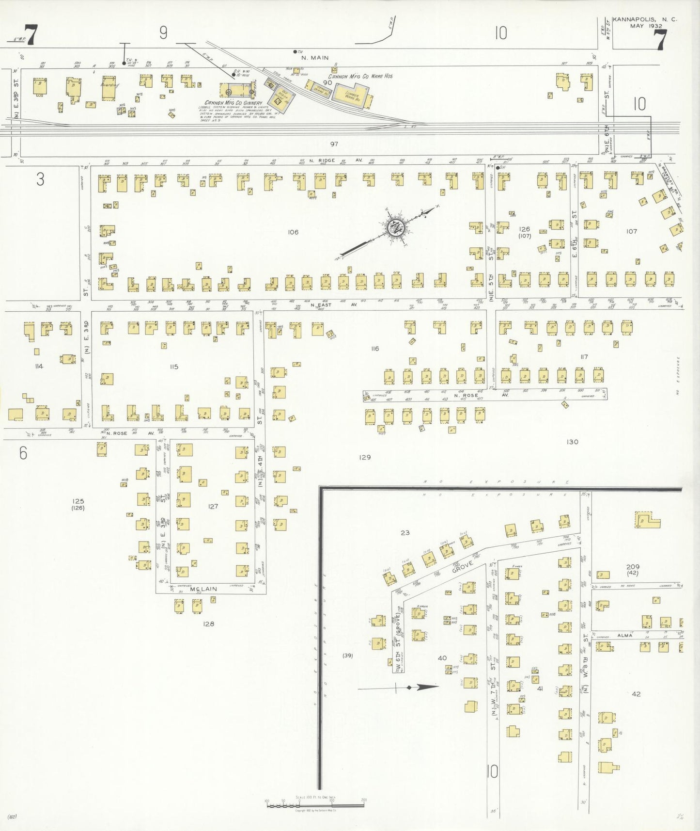Sanborn Fire Insurance Map from Kannapolis, Rowan And Cabarrus Counties, North Carolina (1932), Sheet #0007 - Complete Map Set gallery image, historic Sanborn map, vintage wall art, North Carolina North Carolina