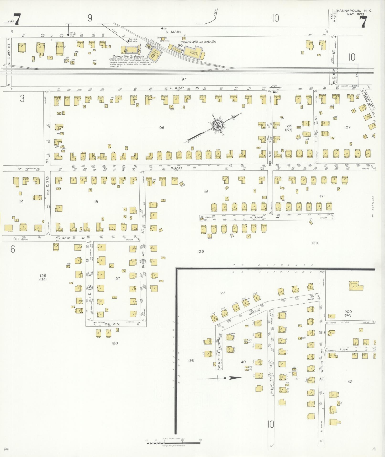 Sanborn Fire Insurance Map from Kannapolis, Rowan And Cabarrus Counties, North Carolina (1932), Sheet #0007 - Complete Map Set gallery image, historic Sanborn map, vintage wall art, North Carolina North Carolina