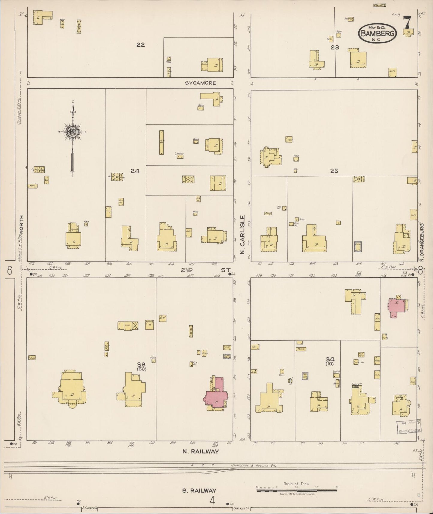 Sanborn Fire Insurance Map from Bamberg, Bamberg County, South Carolina (1922), Sheet #0007 - Complete Map Set gallery image, historic Sanborn map, vintage wall art, South Carolina South Carolina