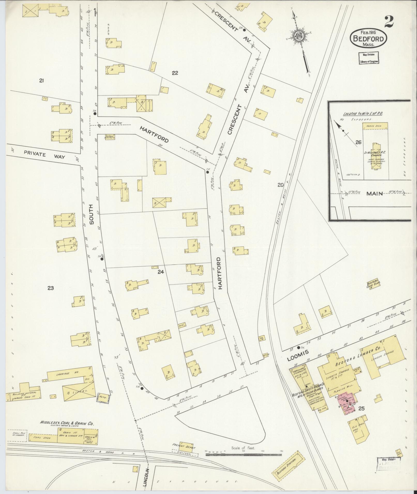 Sanborn Fire Insurance Map from Bedford, Middlesex County, Massachusetts (1916), Sheet #0002 - Complete Map Set gallery image, historic Sanborn map, vintage wall art, Massachusetts Massachusetts