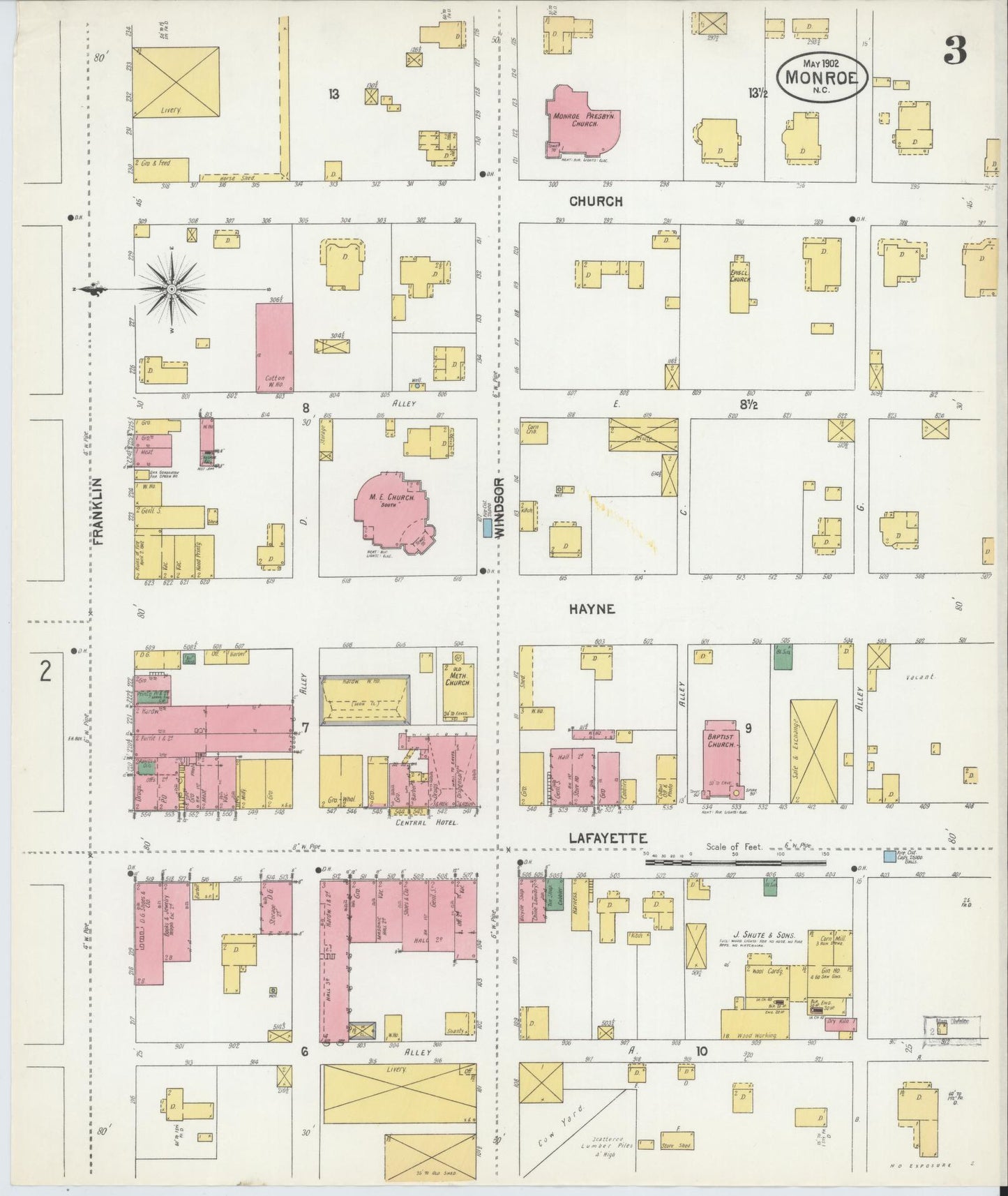 Sanborn Fire Insurance Map from Monroe, Union County, North Carolina (1902), Sheet #0003 - Complete Map Set gallery image, historic Sanborn map, vintage wall art, North Carolina North Carolina