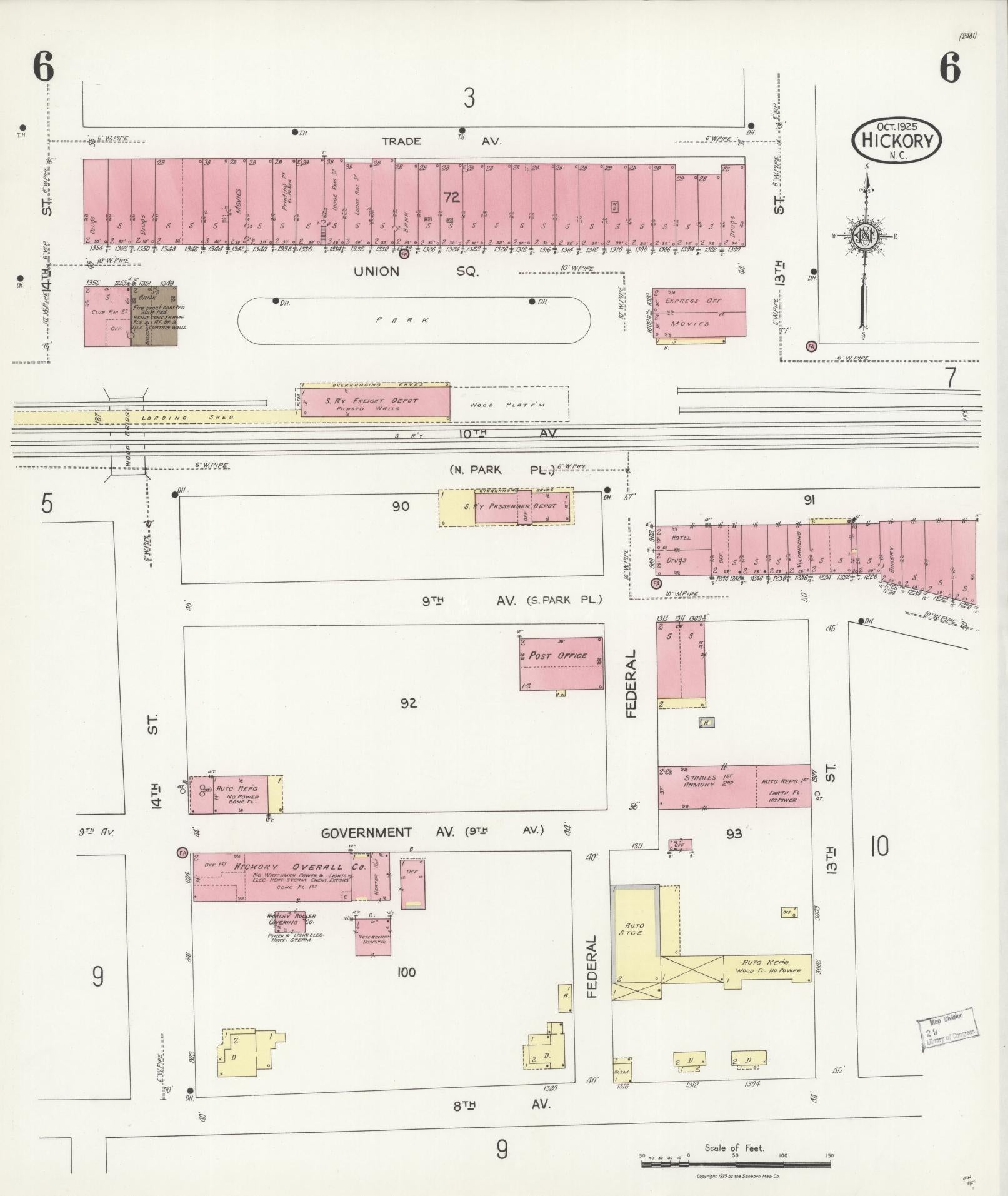 Sanborn Fire Insurance Map from Hickory, Catawba County, North Carolina (1925), Sheet #0006 - Historic Sanborn Fire Insurance Map Print, vintage old map wall art, antique decor, genealogy gift, North Carolina North Carolina map