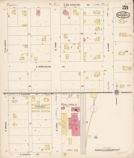 Sanborn Fire Insurance Map from Grinnell, Poweshiek County, Iowa (1922), Sheet #0028 - Historic Sanborn Fire Insurance Map Print, vintage old map wall art