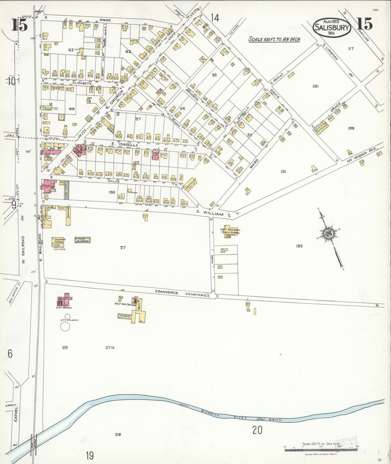 Sanborn Fire Insurance Map from Salisbury, Wicomico County, Maryland (1923), Sheet #0015 - Historic Sanborn Fire Insurance Map Print, vintage old map wall art