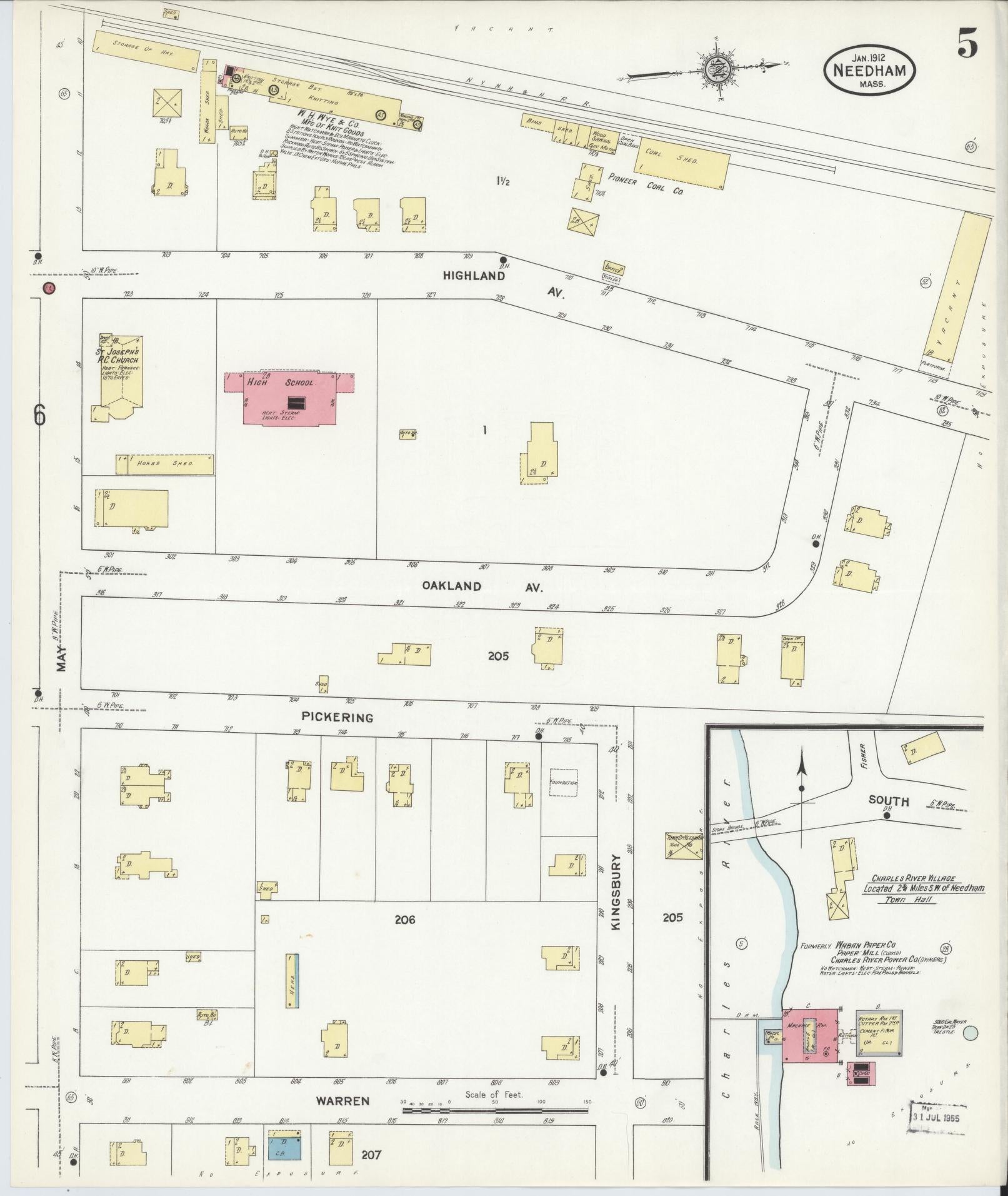 Sanborn Fire Insurance Map from Needham, Norfolk County, Massachusetts (1912), Sheet #0005 - Historic Sanborn Fire Insurance Map Print, vintage old map wall art, antique decor, genealogy gift, Massachusetts Massachusetts map