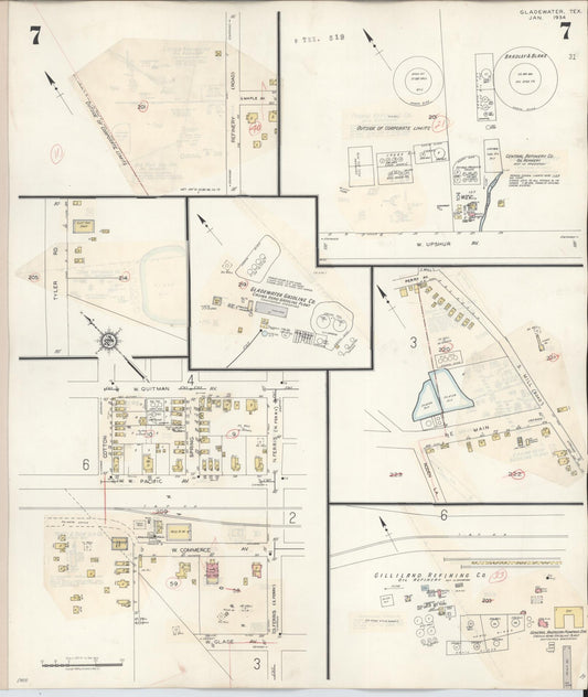 Sanborn Fire Insurance Map from Gladewater, Gregg County, Texas (1938), Sheet #0007 - Historic Sanborn Fire Insurance Map Print, vintage old map wall art, antique decor, genealogy gift, Texas Texas map