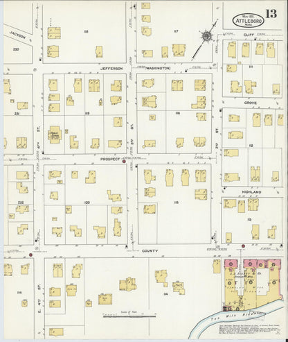 Sanborn Fire Insurance Map from Attleboro, Bristol County, Massachusetts (1911), Sheet #0013 - Historic Sanborn Fire Insurance Map Print, vintage old map wall art, antique decor, genealogy gift, Massachusetts Massachusetts map