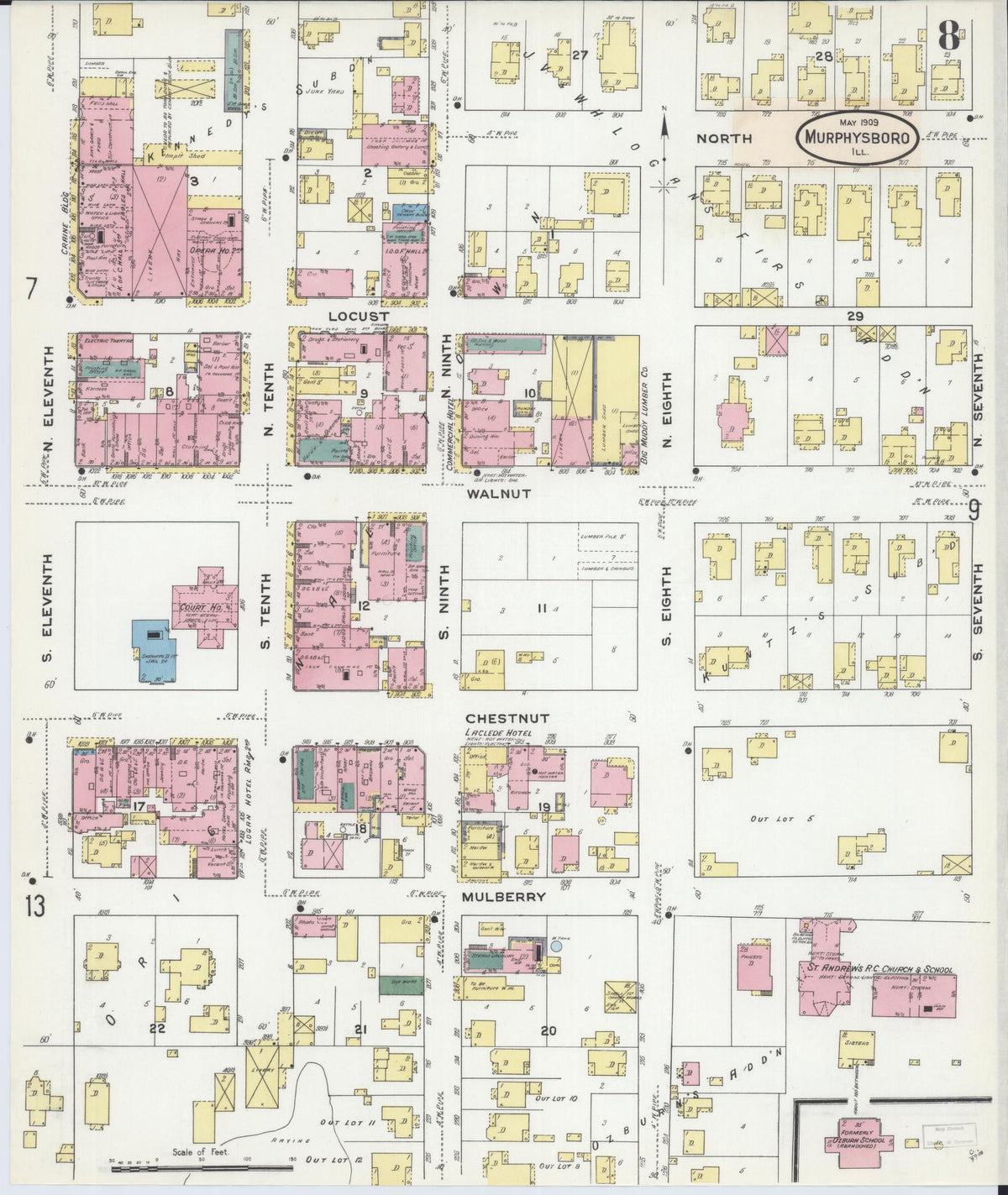 Sanborn Fire Insurance Map from Murphysboro, Jackson County, Illinois (1909), Sheet #0008 - Historic Sanborn Fire Insurance Map Print, vintage old map wall art, antique decor, genealogy gift, Illinois Illinois map
