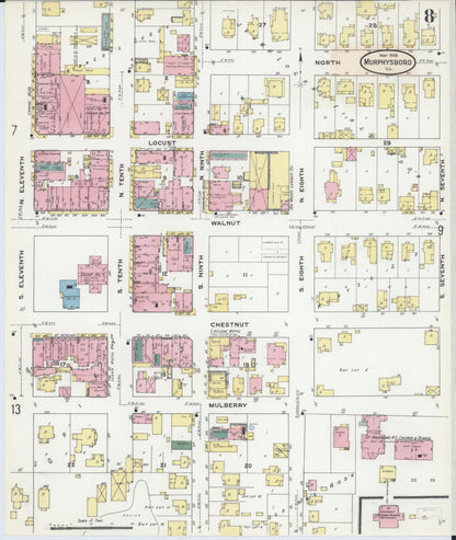 Sanborn Fire Insurance Map from Murphysboro, Jackson County, Illinois (1909), Sheet #0008 - Historic Sanborn Fire Insurance Map Print, vintage old map wall art, antique decor, genealogy gift, Illinois Illinois map