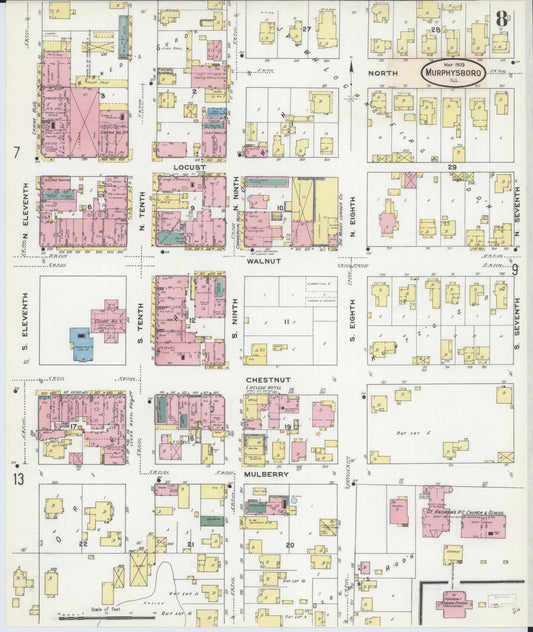 Sanborn Fire Insurance Map from Murphysboro, Jackson County, Illinois (1909), Sheet #0008 - Historic Sanborn Fire Insurance Map Print, vintage old map wall art, antique decor, genealogy gift, Illinois Illinois map