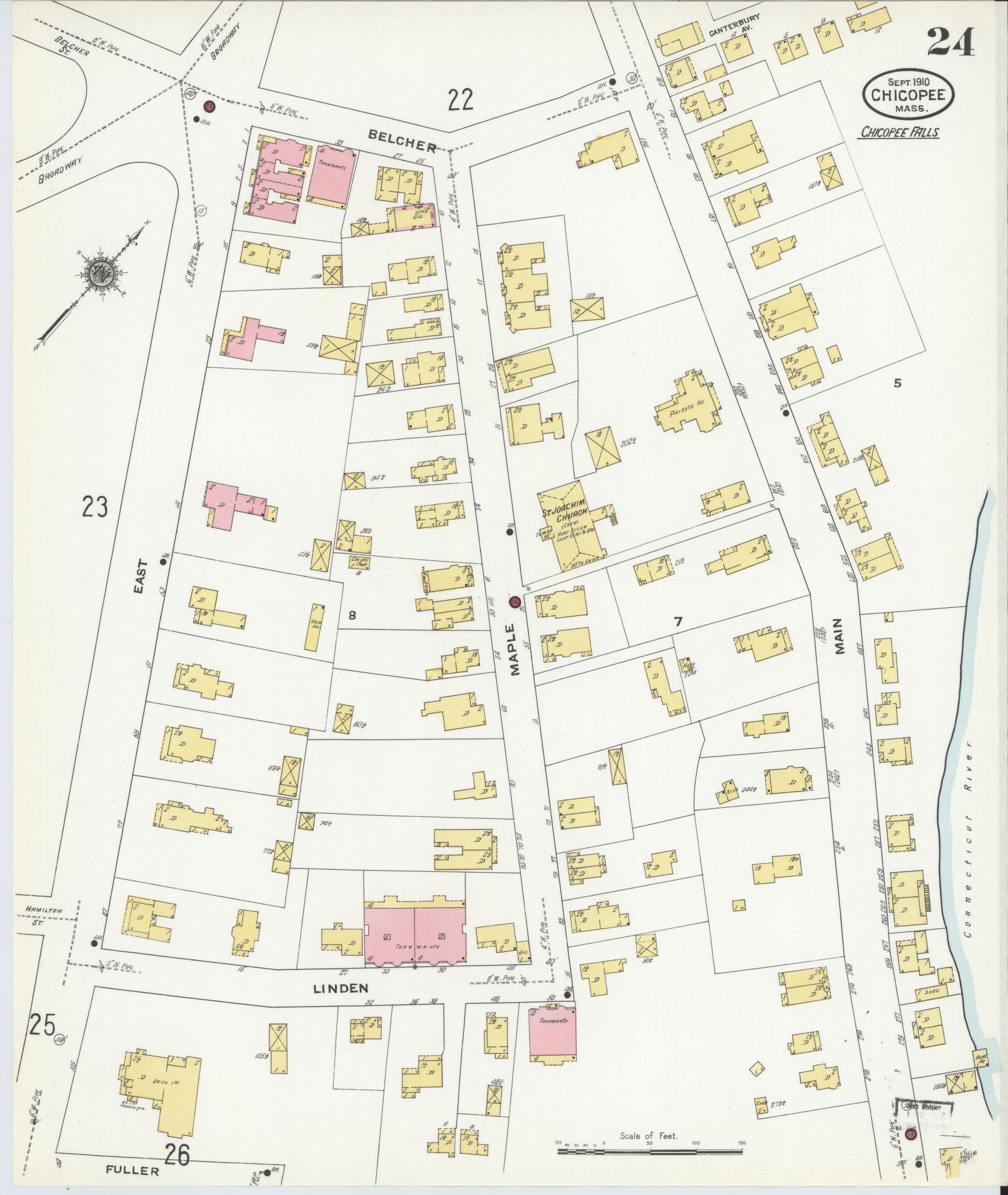 Sanborn Fire Insurance Map from Chicopee, Hampden County, Massachusetts (1910), Sheet #0024 - Historic Sanborn Fire Insurance Map Print, vintage old map wall art, antique decor, genealogy gift, Massachusetts Massachusetts map