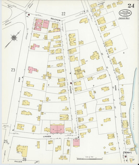 Sanborn Fire Insurance Map from Chicopee, Hampden County, Massachusetts (1910), Sheet #0024 - Historic Sanborn Fire Insurance Map Print, vintage old map wall art, antique decor, genealogy gift, Massachusetts Massachusetts map