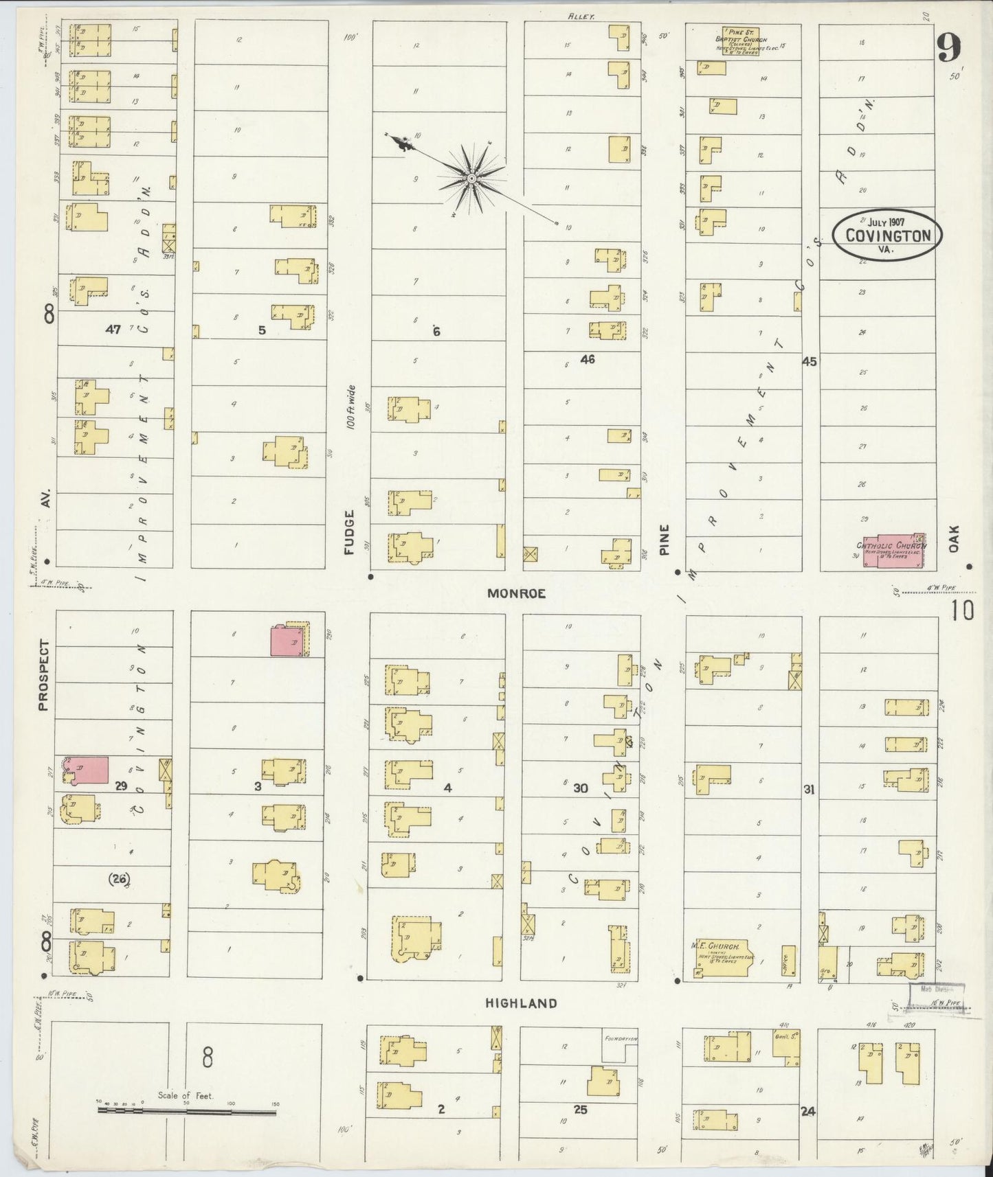 Sanborn Fire Insurance Map from Covington, Independent Cities, Virginia (1907), Sheet #0009 - Historic Sanborn Fire Insurance Map Print, vintage old map wall art, antique decor, genealogy gift, Virginia Virginia map