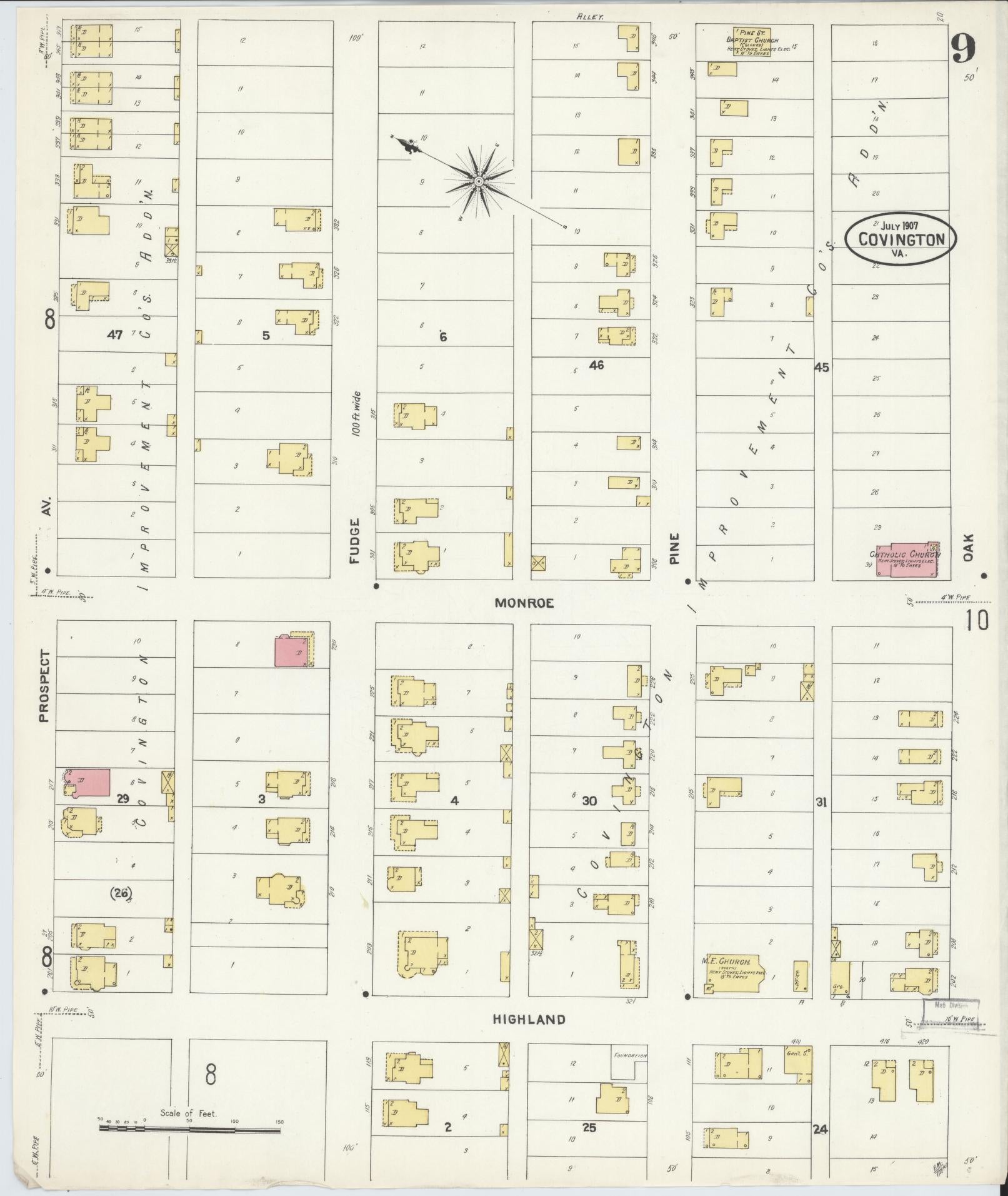 Sanborn Fire Insurance Map from Covington, Independent Cities, Virginia (1907), Sheet #0009 - Historic Sanborn Fire Insurance Map Print, vintage old map wall art, antique decor, genealogy gift, Virginia Virginia map