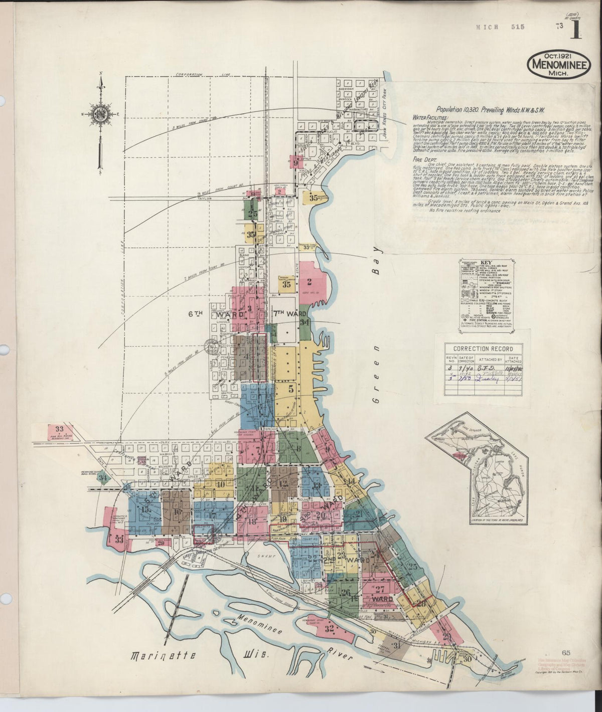 Sanborn Fire Insurance Map from Menominee, Menominee County, Michigan (1950), Sheet #0001 - Historic Sanborn Fire Insurance Map Print, vintage old map wall art, antique decor, genealogy gift, Michigan Michigan map
