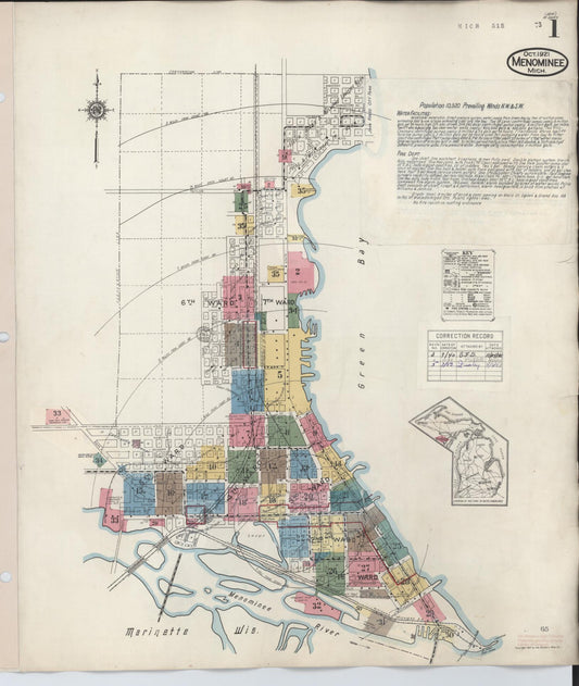 Sanborn Fire Insurance Map from Menominee, Menominee County, Michigan (1950), Sheet #0001 - Historic Sanborn Fire Insurance Map Print, vintage old map wall art, antique decor, genealogy gift, Michigan Michigan map