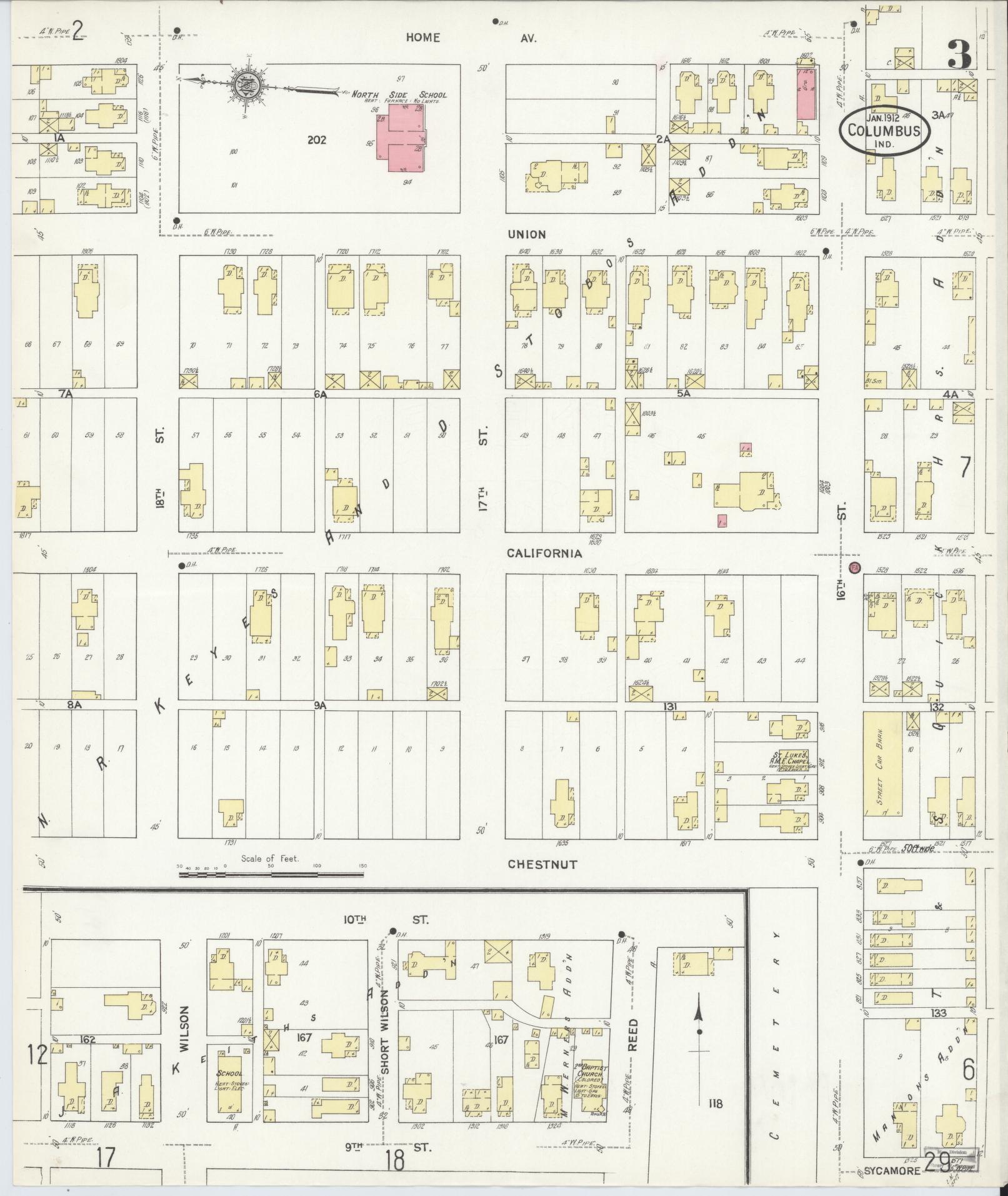 Sanborn Fire Insurance Map from Columbus, Bartholomew County, Indiana (1912), Sheet #0003 - Historic Sanborn Fire Insurance Map Print, vintage old map wall art, antique decor, genealogy gift, Indiana Indiana map