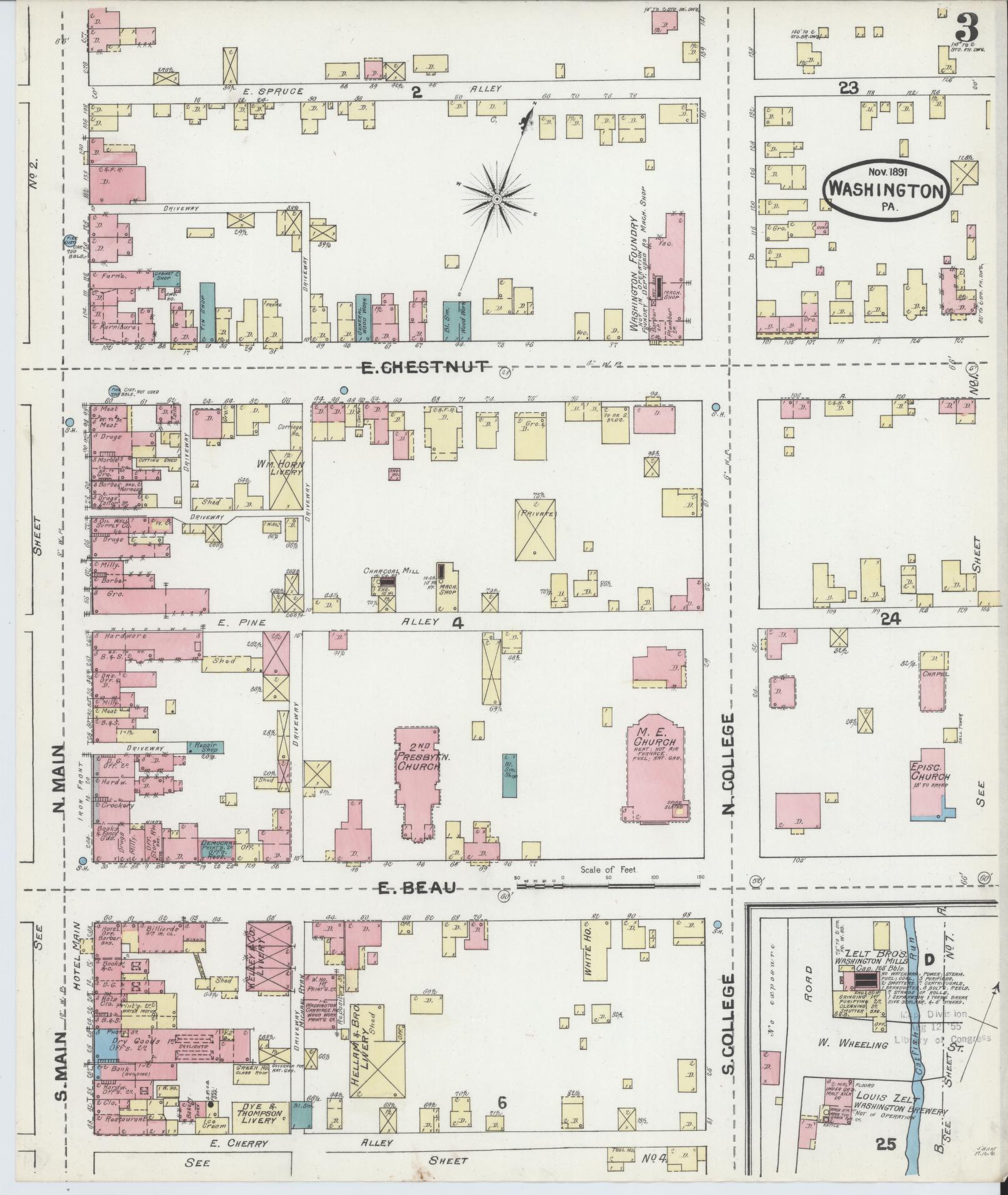Sanborn Fire Insurance Map from Washington, Washington County, Pennsylvania (1891), Sheet #0003 - Historic Sanborn Fire Insurance Map Print, vintage old map wall art, antique decor, genealogy gift, Sanborn Fire Insurance Map from Washington Washington map
