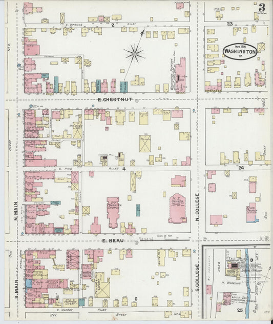 Sanborn Fire Insurance Map from Washington, Washington County, Pennsylvania (1891), Sheet #0003 - Historic Sanborn Fire Insurance Map Print, vintage old map wall art, antique decor, genealogy gift, Sanborn Fire Insurance Map from Washington Washington map