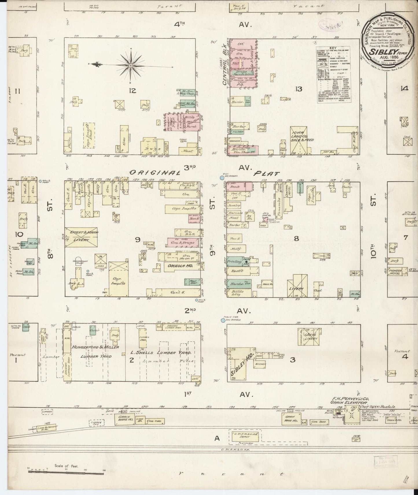 Sanborn Fire Insurance Map from Sibley, Osceola County, Iowa (1886), Sheet #0001 - Historic Sanborn Fire Insurance Map Print, vintage old map wall art