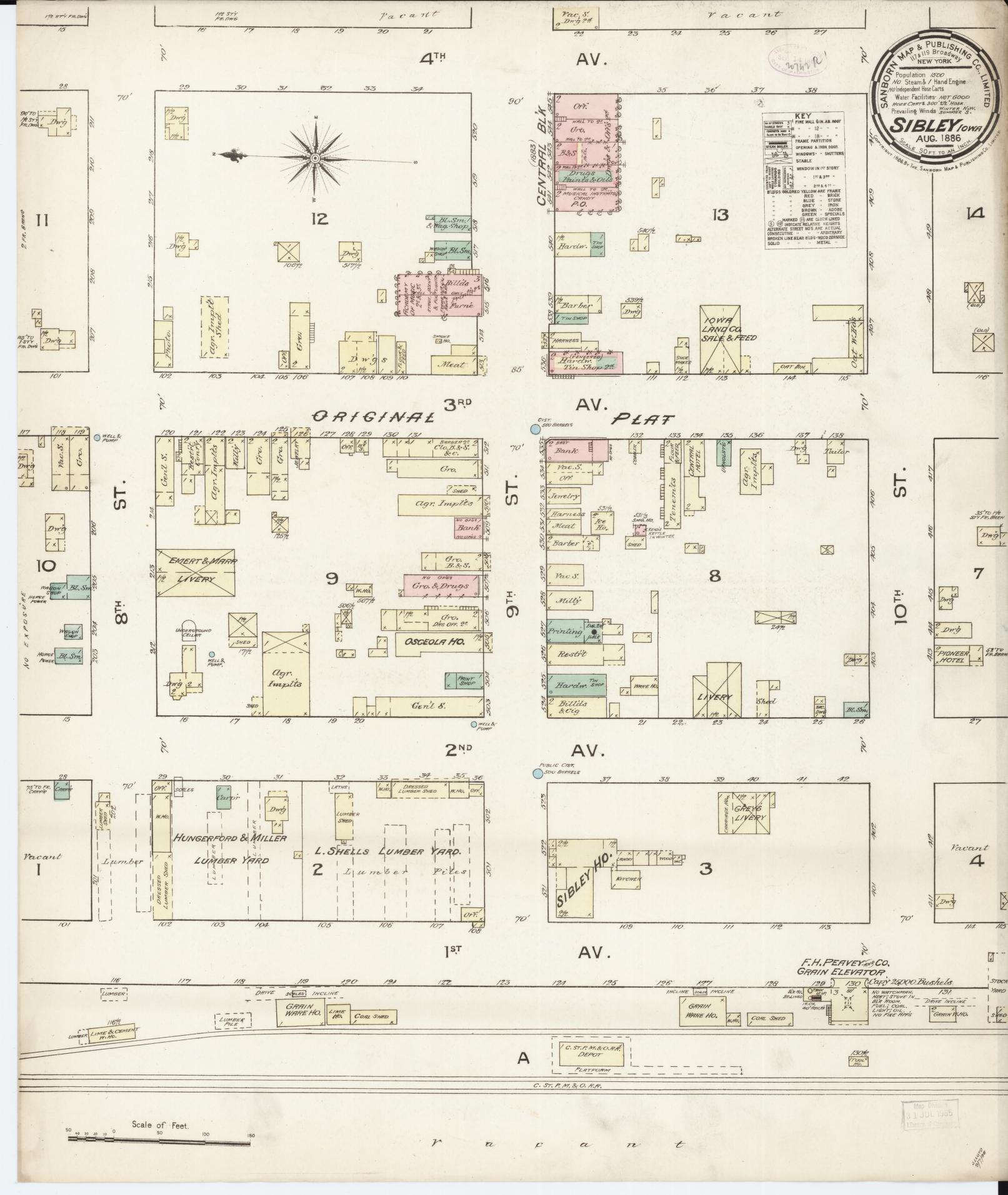 Sanborn Fire Insurance Map from Sibley, Osceola County, Iowa (1886), Sheet #0001 - Historic Sanborn Fire Insurance Map Print, vintage old map wall art
