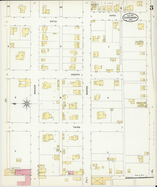 Sanborn Fire Insurance Map from Clarendon, Monroe County, Arkansas (1907), Sheet #0003 - Historic Sanborn Fire Insurance Map Print, vintage old map wall art, antique decor, genealogy gift, Arkansas Arkansas map