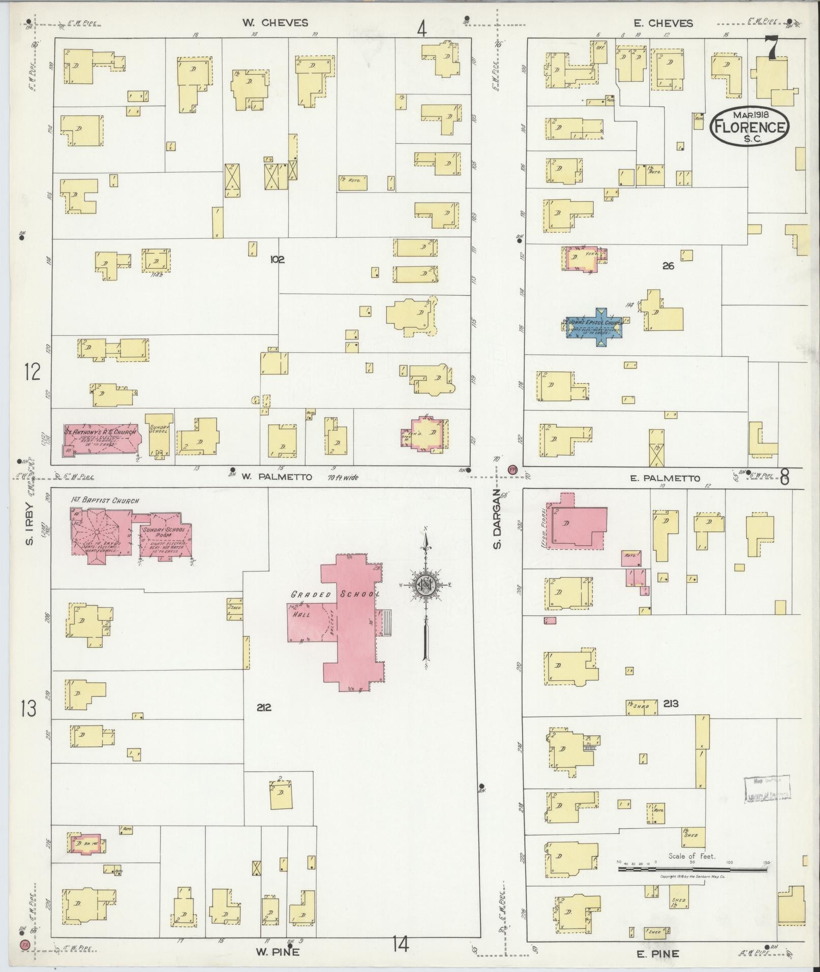 Sanborn Fire Insurance Map from Florence, Florence County, South Carolina (1918), Sheet #0007 - Complete Map Set gallery image, historic Sanborn map, vintage wall art, South Carolina South Carolina