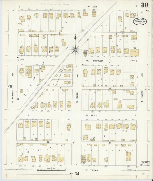 Sanborn Fire Insurance Map from Denison, Grayson County, Texas (1908), Sheet #0030 - Historic Sanborn Fire Insurance Map Print, vintage old map wall art, antique decor, genealogy gift, Texas Texas map
