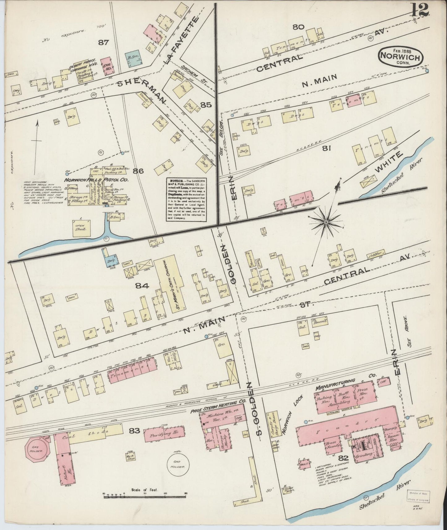 Sanborn Fire Insurance Map from Norwich, New London County, Connecticut (1885), Sheet #0012 - Complete Map Set gallery image, historic Sanborn map, vintage wall art, Connecticut Connecticut