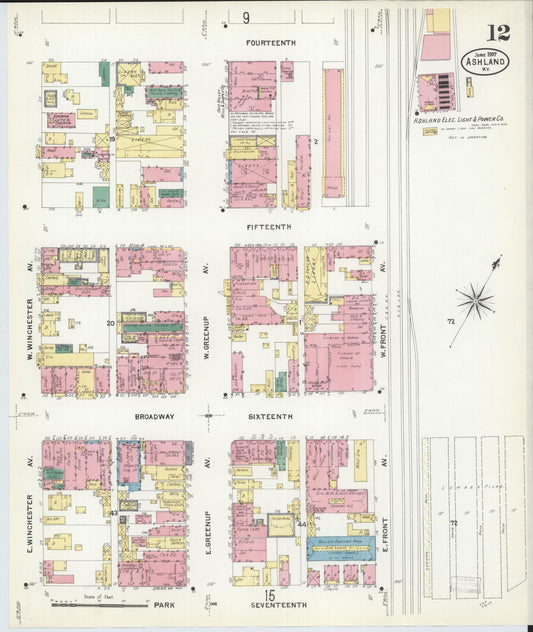 Sanborn Fire Insurance Map from Ashland, Boyd County, Kentucky (1907), Sheet #0012 - Historic Sanborn Fire Insurance Map Print, vintage old map wall art, antique decor, genealogy gift, Kentucky Kentucky map