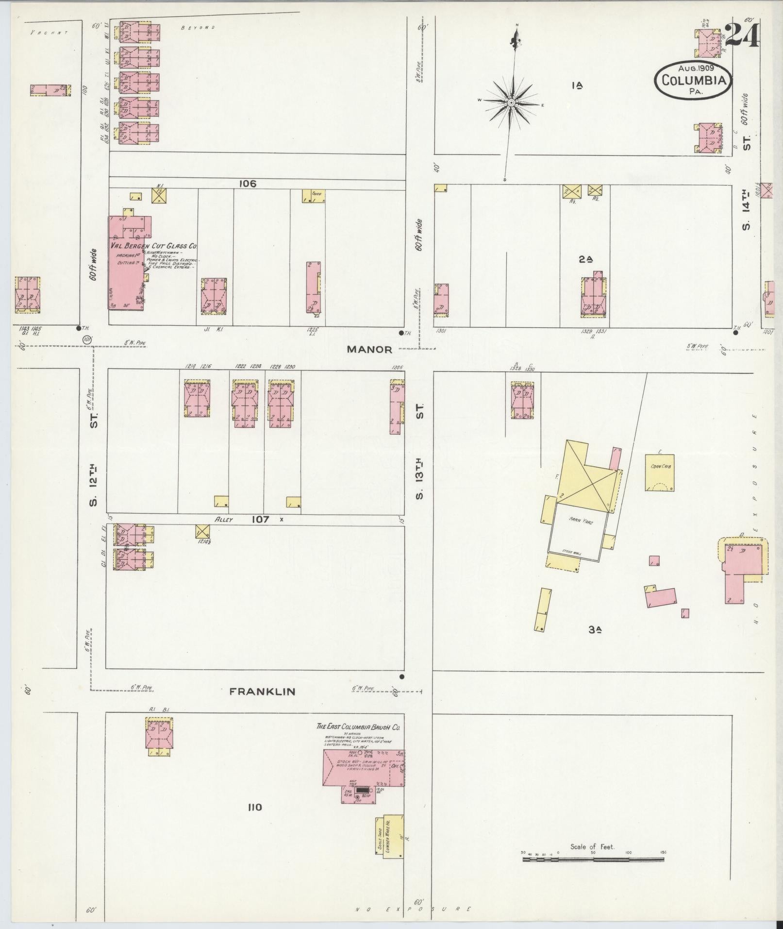 Sanborn Fire Insurance Map from Columbia, Lancaster County, Pennsylvania (1909), Sheet #0024 - Historic Sanborn Fire Insurance Map Print, vintage old map wall art, antique decor, genealogy gift, Pennsylvania Pennsylvania map