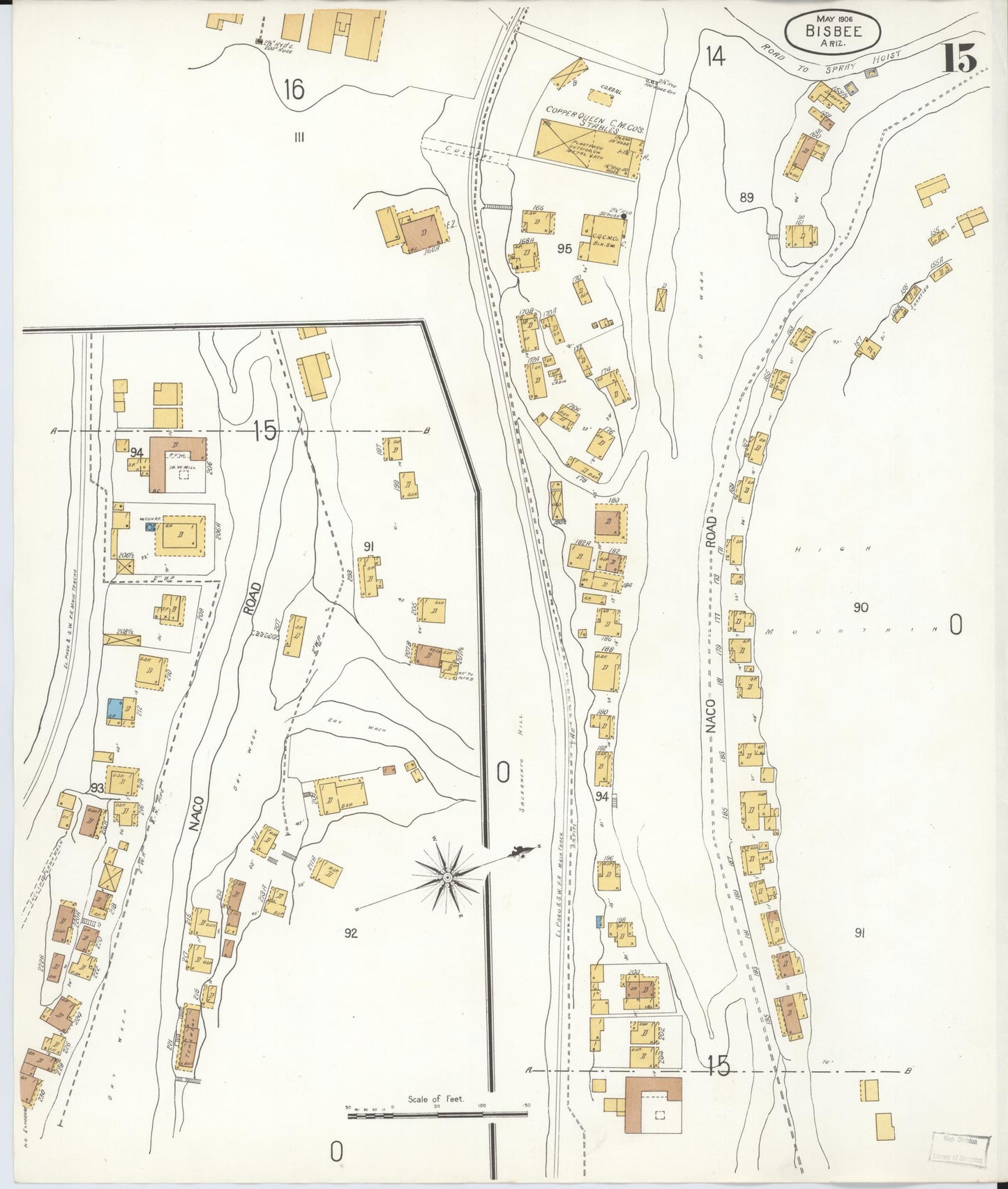 Sanborn Fire Insurance Map from Bisbee, Cochise County, Arizona (1906), Sheet #0015 - Complete Map Set gallery image, historic Sanborn map, vintage wall art, Arizona Arizona