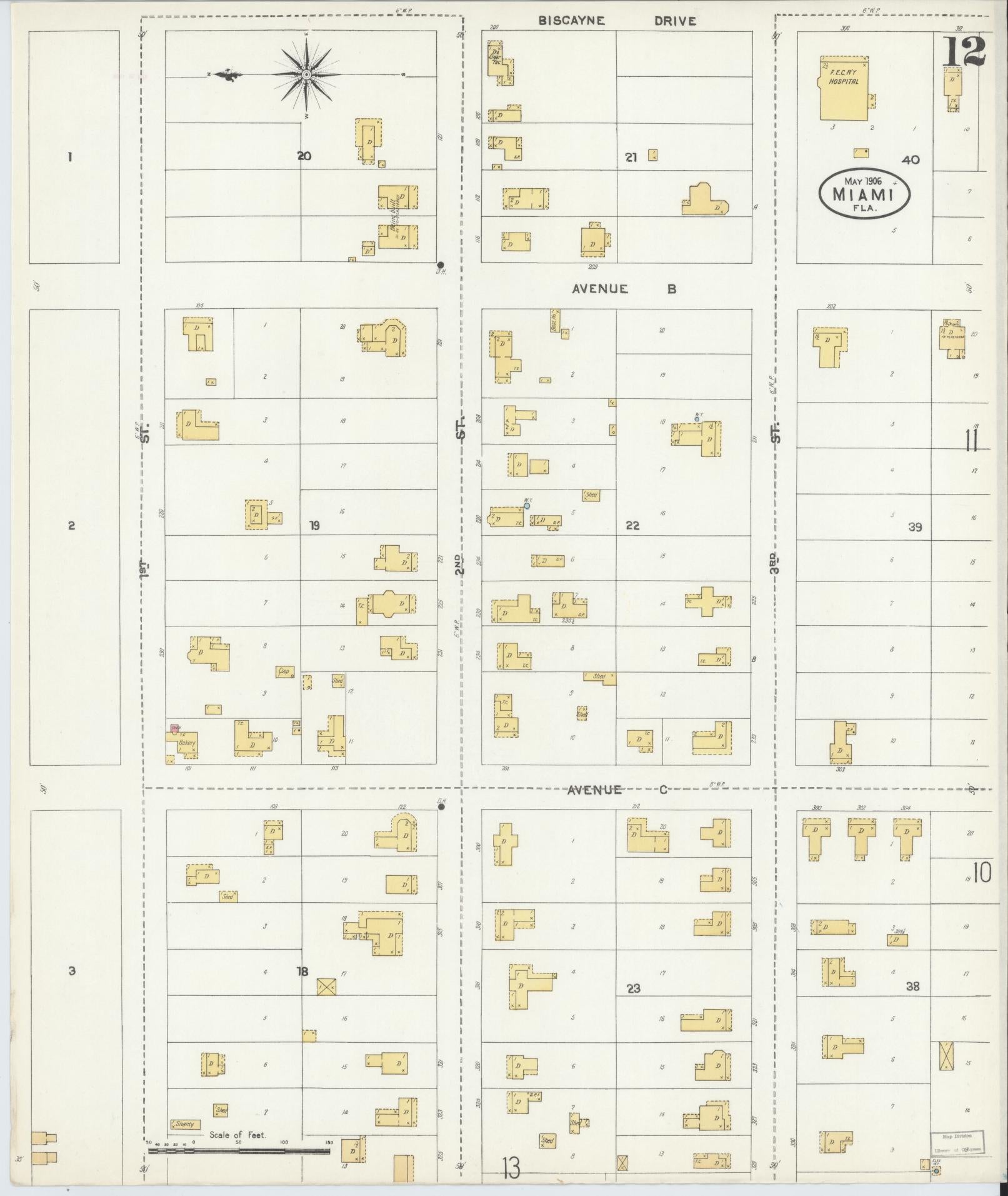 Sanborn Fire Insurance Map from Miami, Dade County, Florida (1906), Sheet #0012 - Complete Map Set gallery image, historic Sanborn map, vintage wall art, Florida Florida