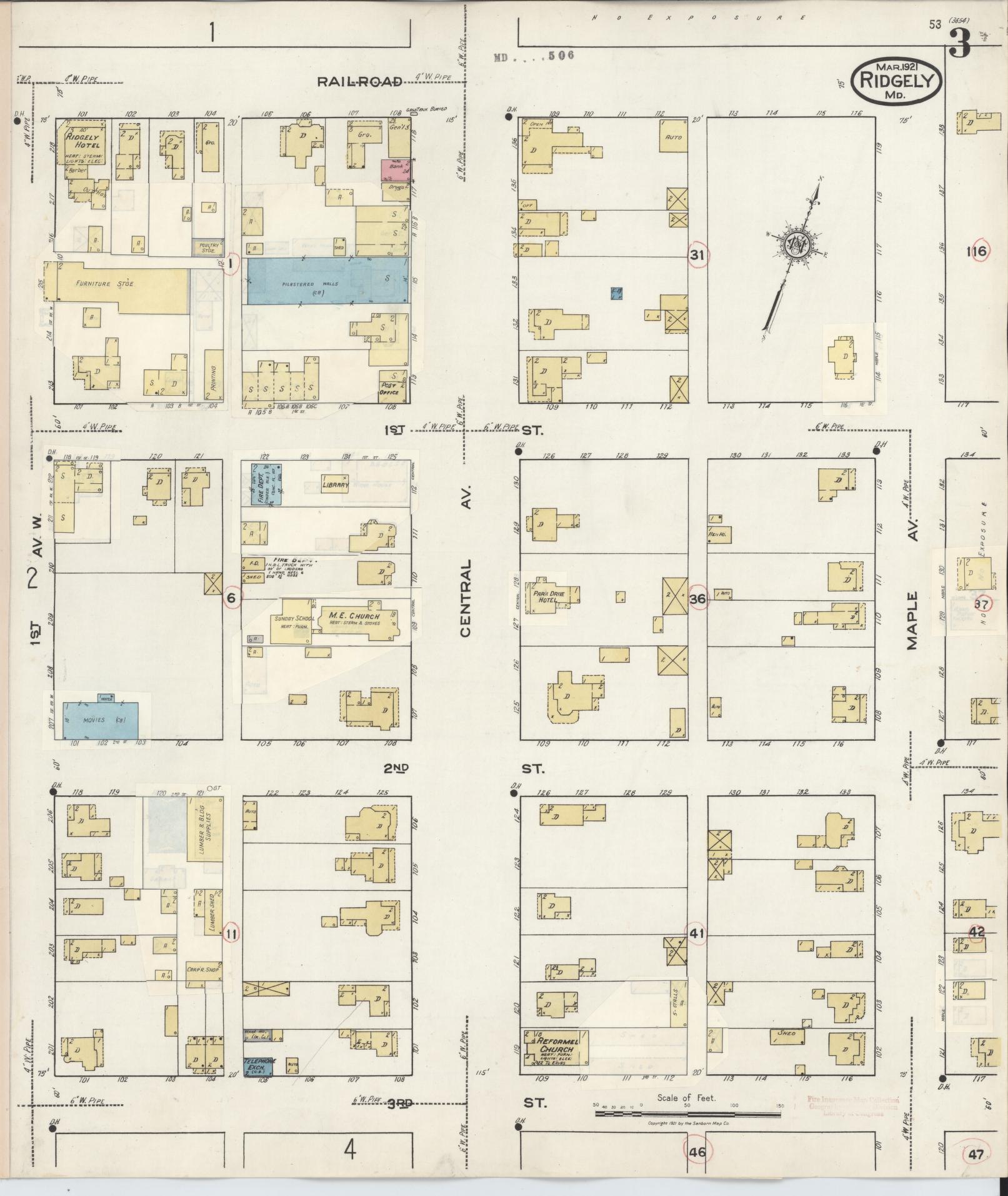 Sanborn Fire Insurance Map from Ridgely, Caroline County, Maryland (1934), Sheet #0003 - Historic Sanborn Fire Insurance Map Print, vintage old map wall art
