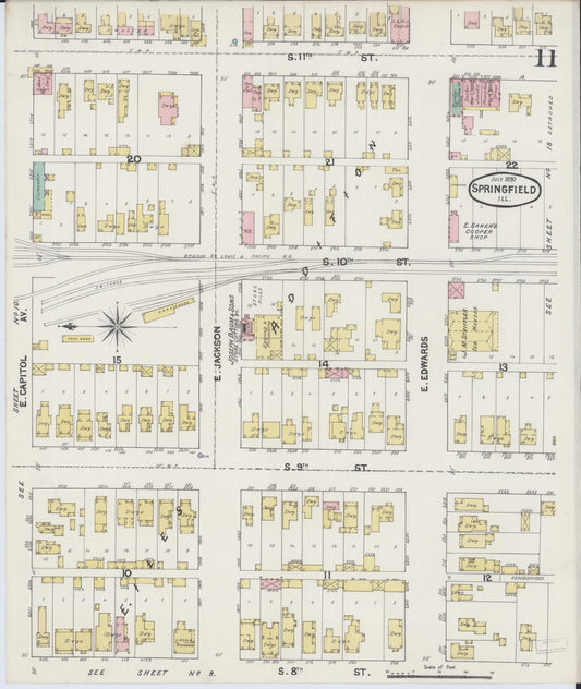 Sanborn Fire Insurance Map from Springfield, Sangamon County, Illinois (1890), Sheet #0011 - Historic Sanborn Fire Insurance Map Print, vintage old map wall art, antique decor, genealogy gift, Illinois Illinois map