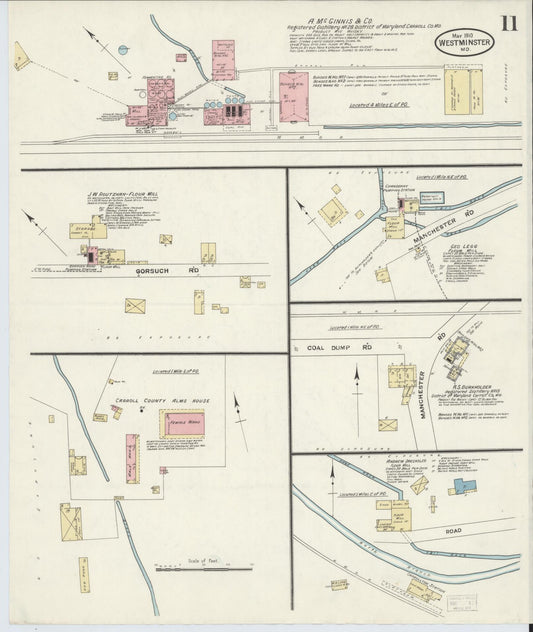 Sanborn Fire Insurance Map from Westminster, Carroll County, Maryland (1910), Sheet #0011 - Historic Sanborn Fire Insurance Map Print, vintage old map wall art