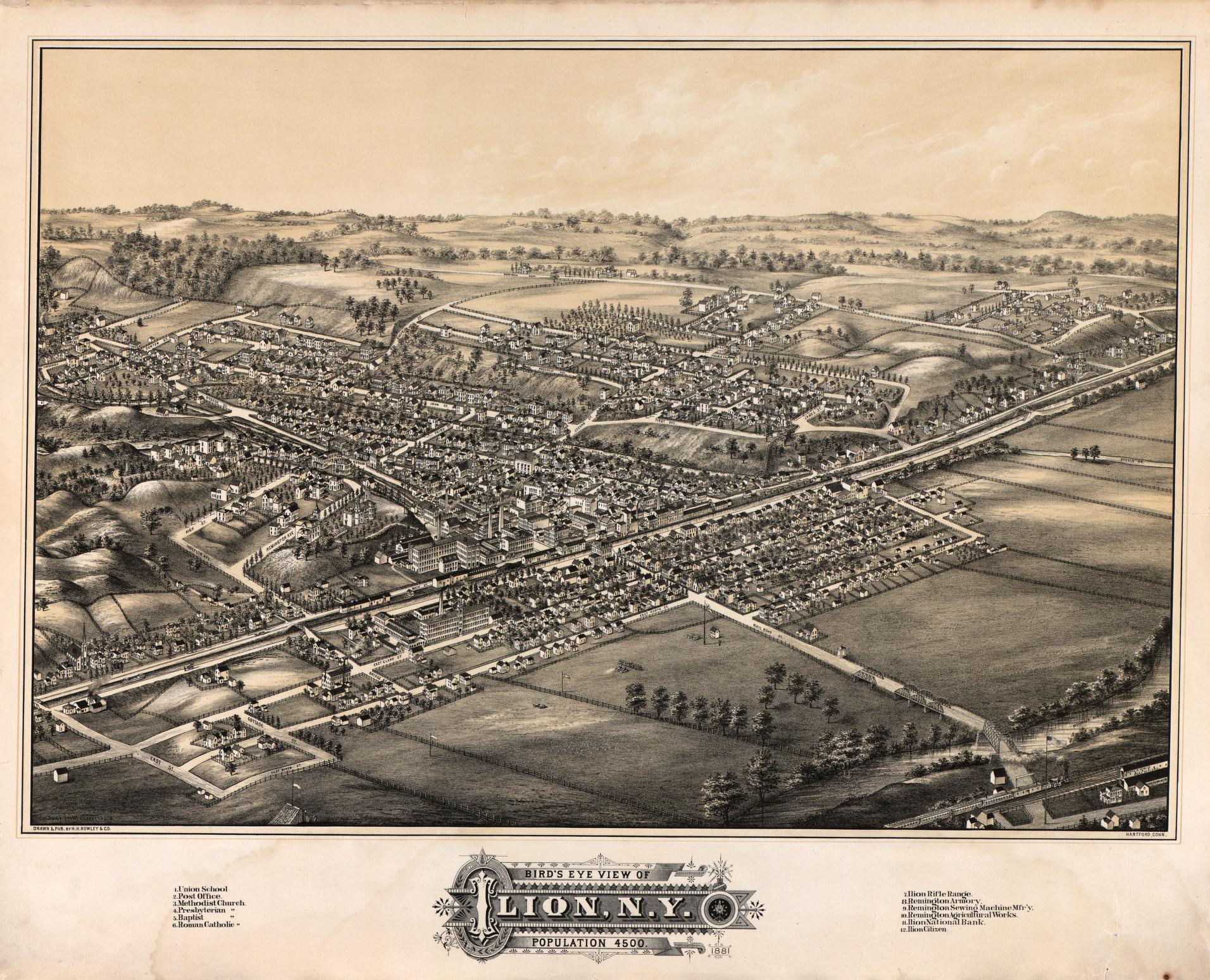 Bird's eye view of Ilion, N.Y. : population 4500 (1881) – Historic Bird’s-Eye View Panorama Print