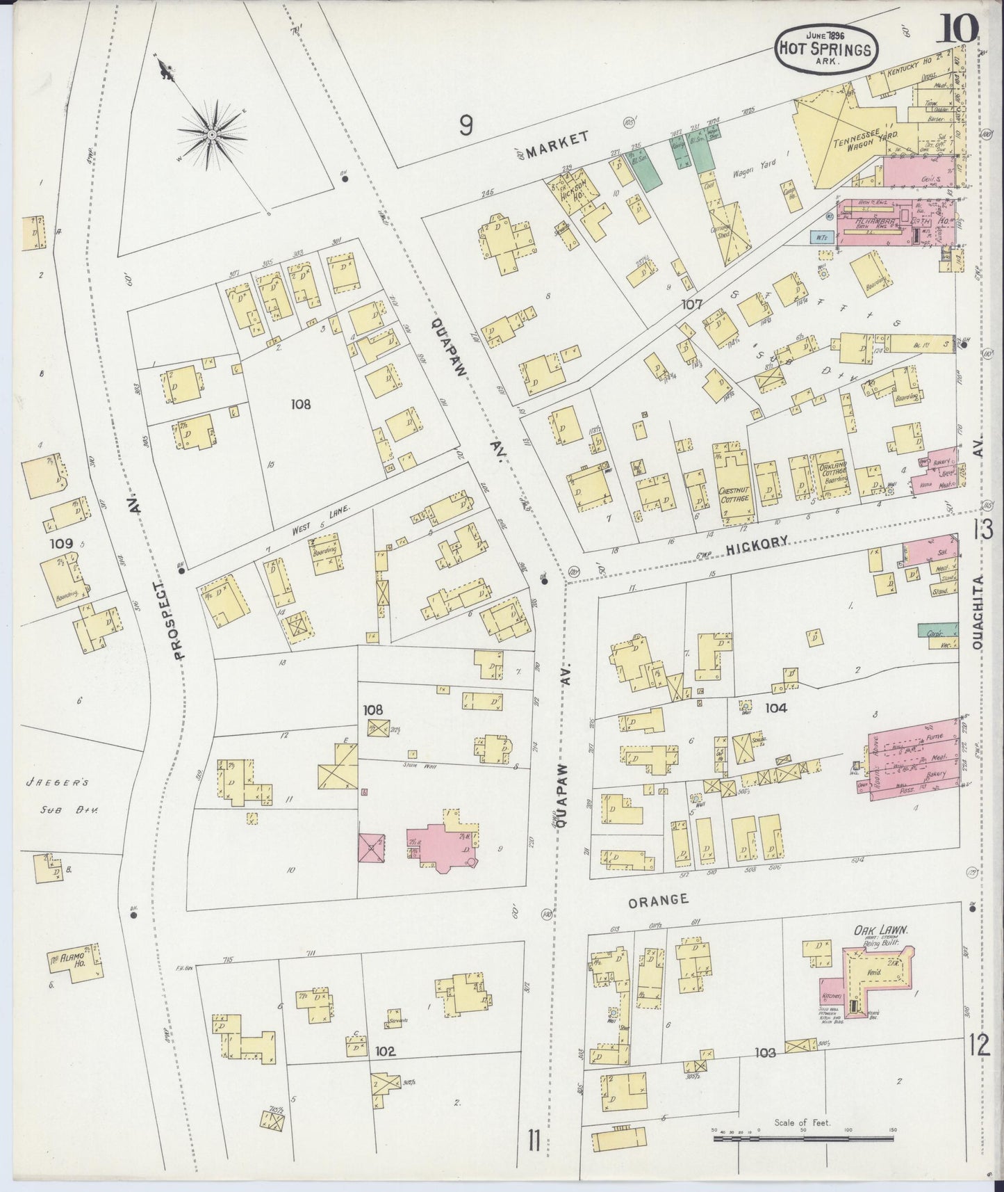 Sanborn Fire Insurance Map from Hot Springs, Garland County, Arkansas (1896), Sheet #0010 - Complete Map Set gallery image, historic Sanborn map, vintage wall art, Arkansas Arkansas
