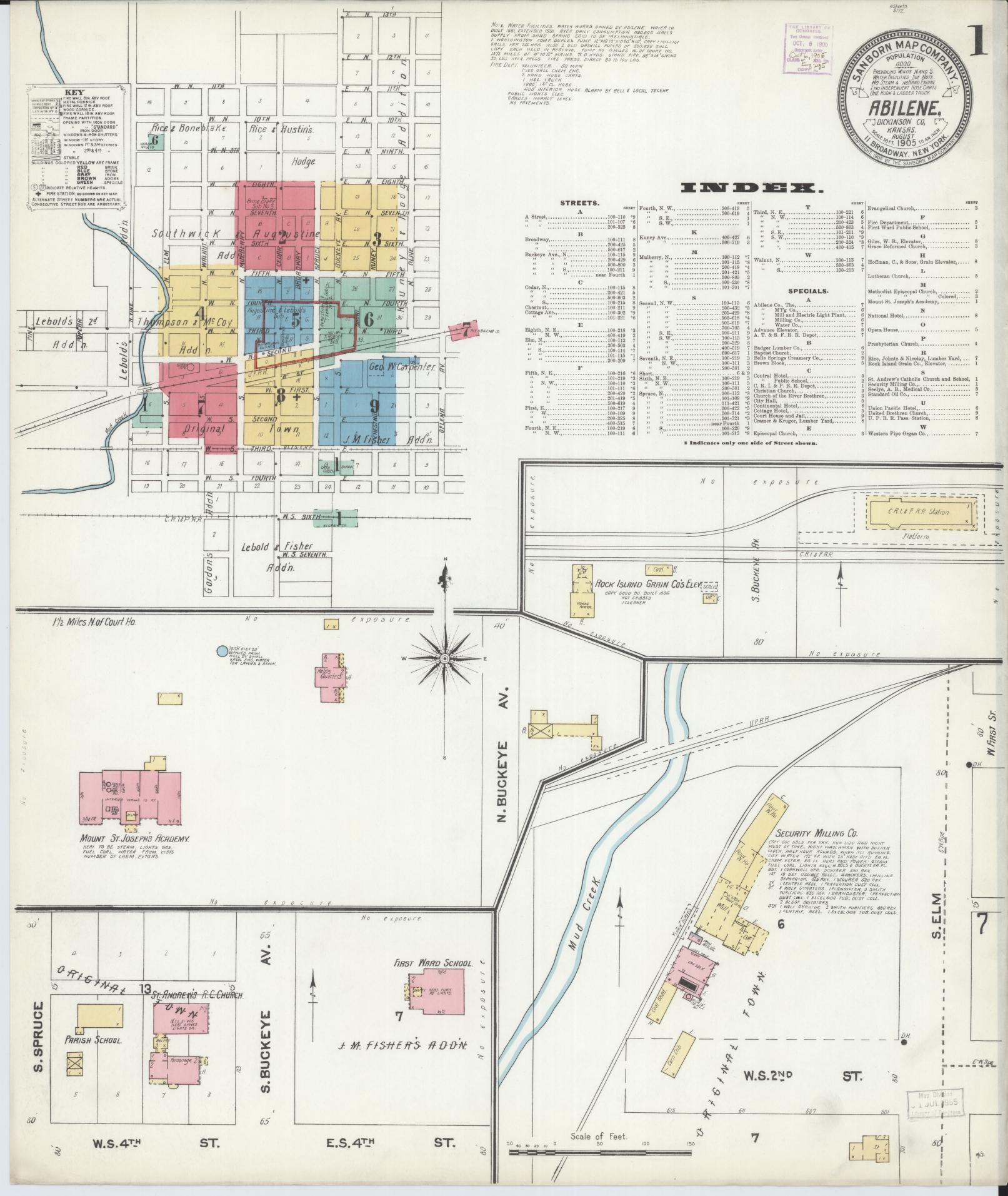 Sanborn Fire Insurance Map from Abilene, Dickinson County, Kansas (1905), Sheet #0001 - Historic Sanborn Fire Insurance Map Print, vintage old map wall art, antique decor, genealogy gift, Kansas Kansas map