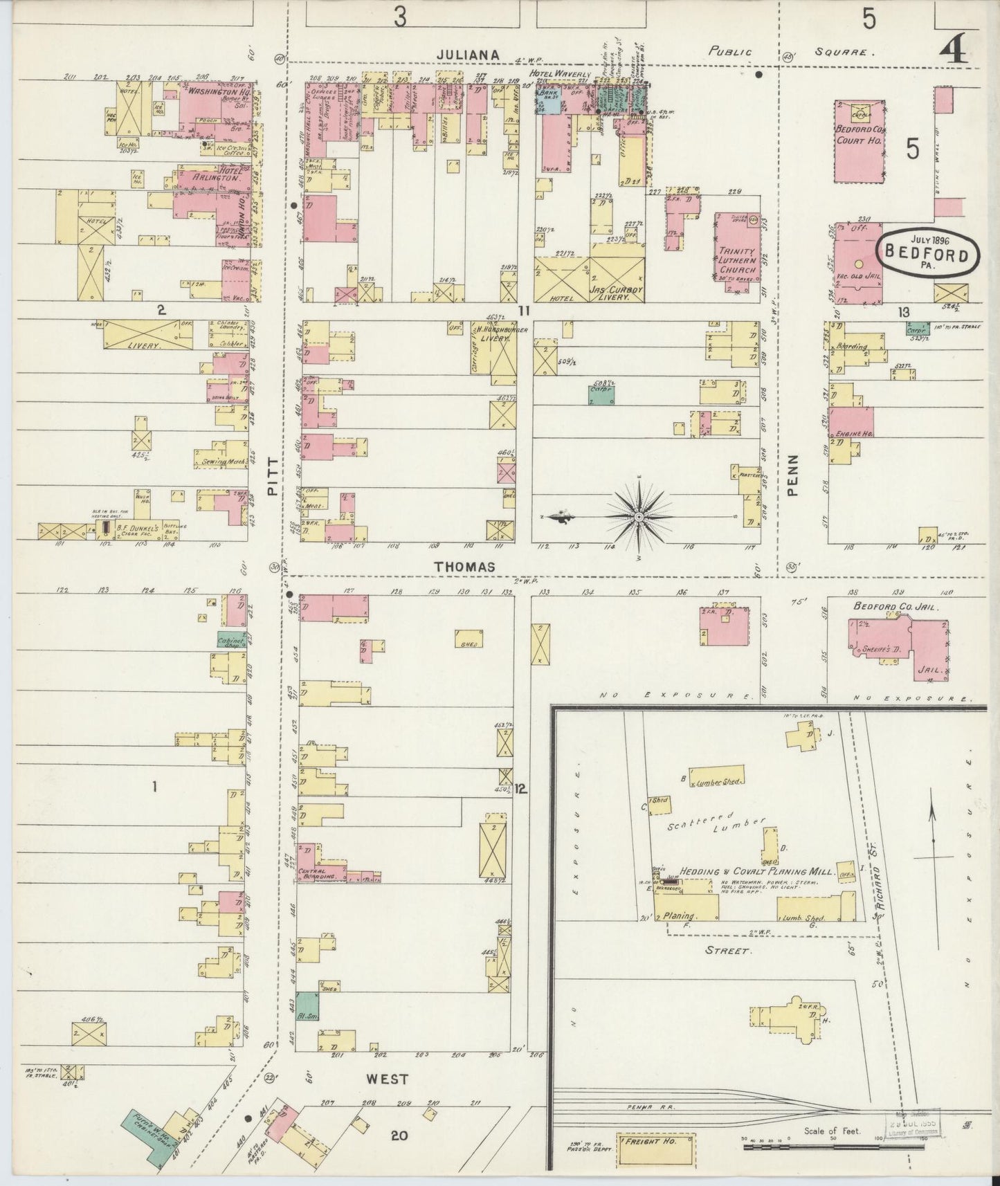 Sanborn Fire Insurance Map from Bedford, Bedford County, Pennsylvania (1896), Sheet #0004 - Historic Sanborn Fire Insurance Map Print, vintage old map wall art, antique decor, genealogy gift, Pennsylvania Pennsylvania map