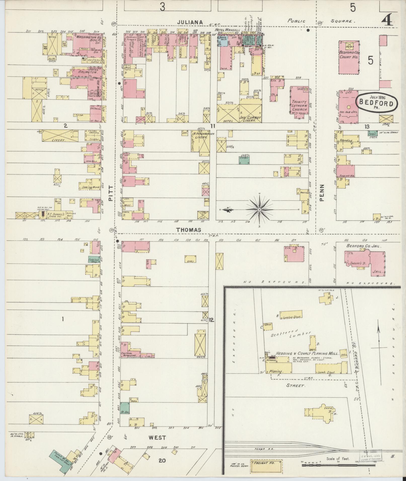 Sanborn Fire Insurance Map from Bedford, Bedford County, Pennsylvania (1896), Sheet #0004 - Historic Sanborn Fire Insurance Map Print, vintage old map wall art, antique decor, genealogy gift, Pennsylvania Pennsylvania map