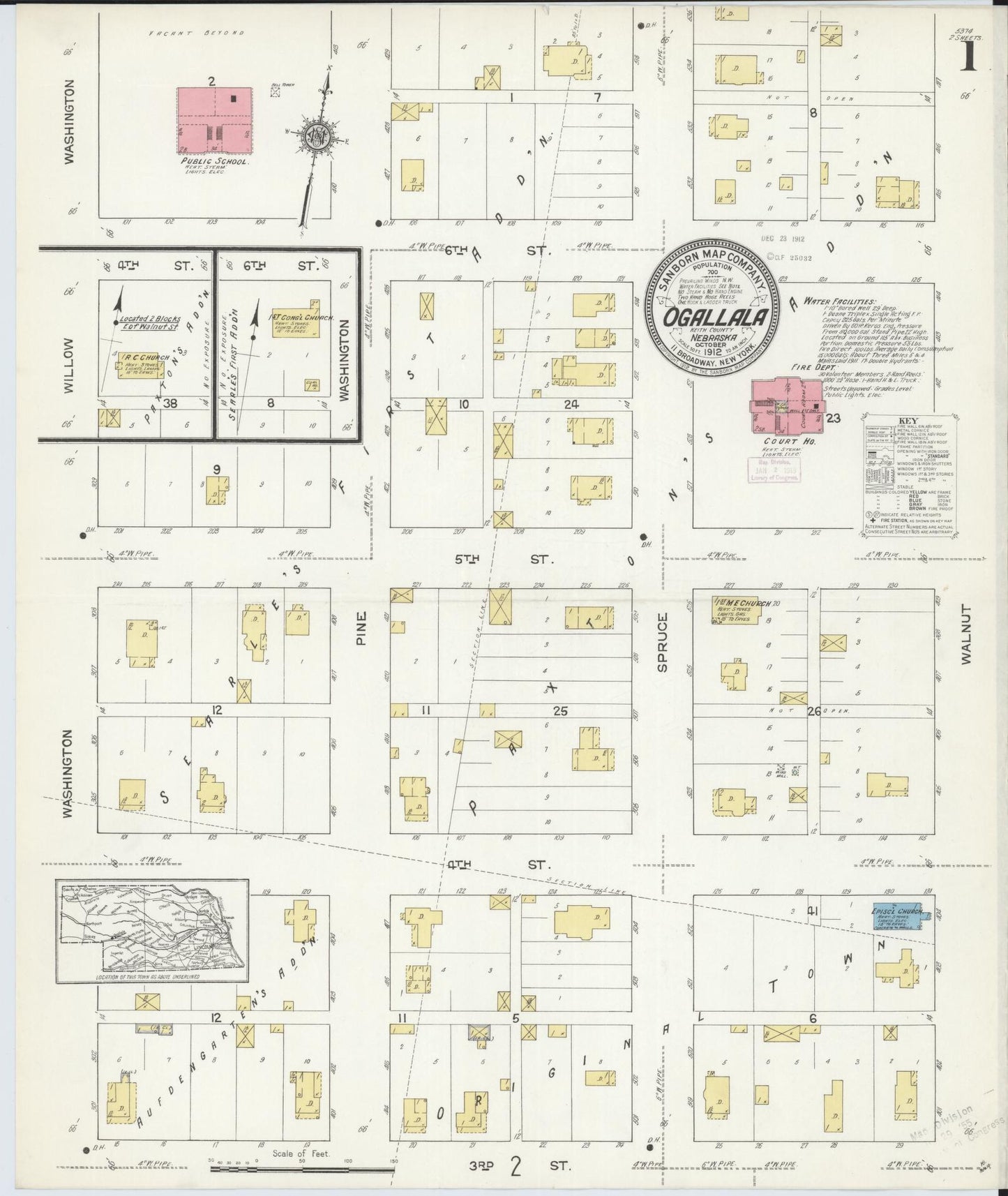 Sanborn Fire Insurance Map from Ogallala, Keith County, Nebraska (1912), Sheet #0001 - Historic Sanborn Fire Insurance Map Print, vintage old map wall art, antique decor, genealogy gift, Nebraska Nebraska map